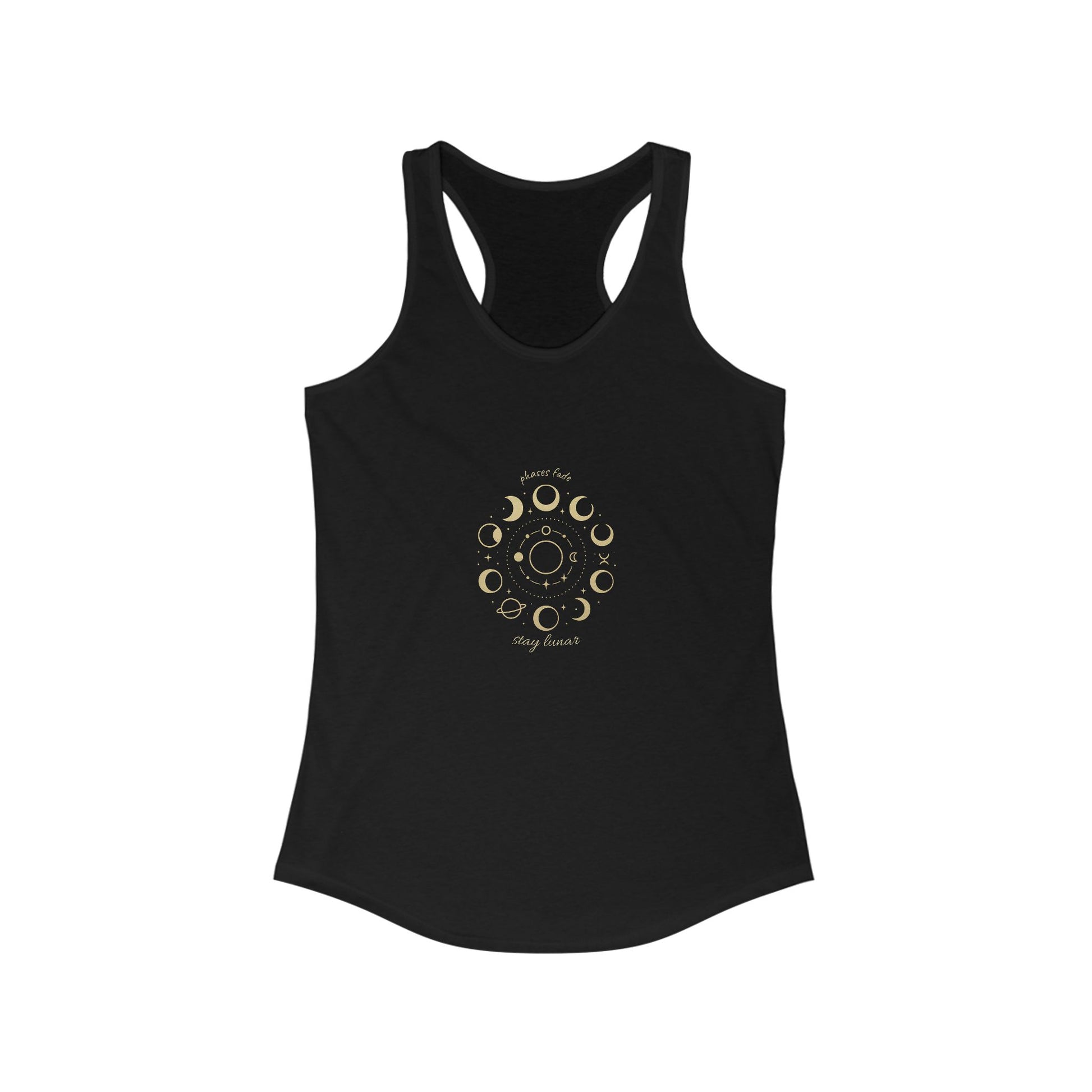 Stay Lunar Yoga Tank featuring a unique moon phase design, made from lightweight 60% cotton and 40% polyester blend, perfect for active lifestyles.