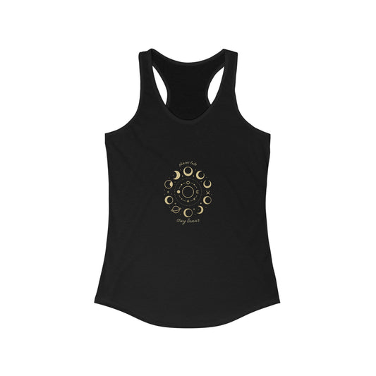 Stay Lunar Yoga Tank featuring a unique moon phase design, made from lightweight 60% cotton and 40% polyester blend, perfect for active lifestyles.