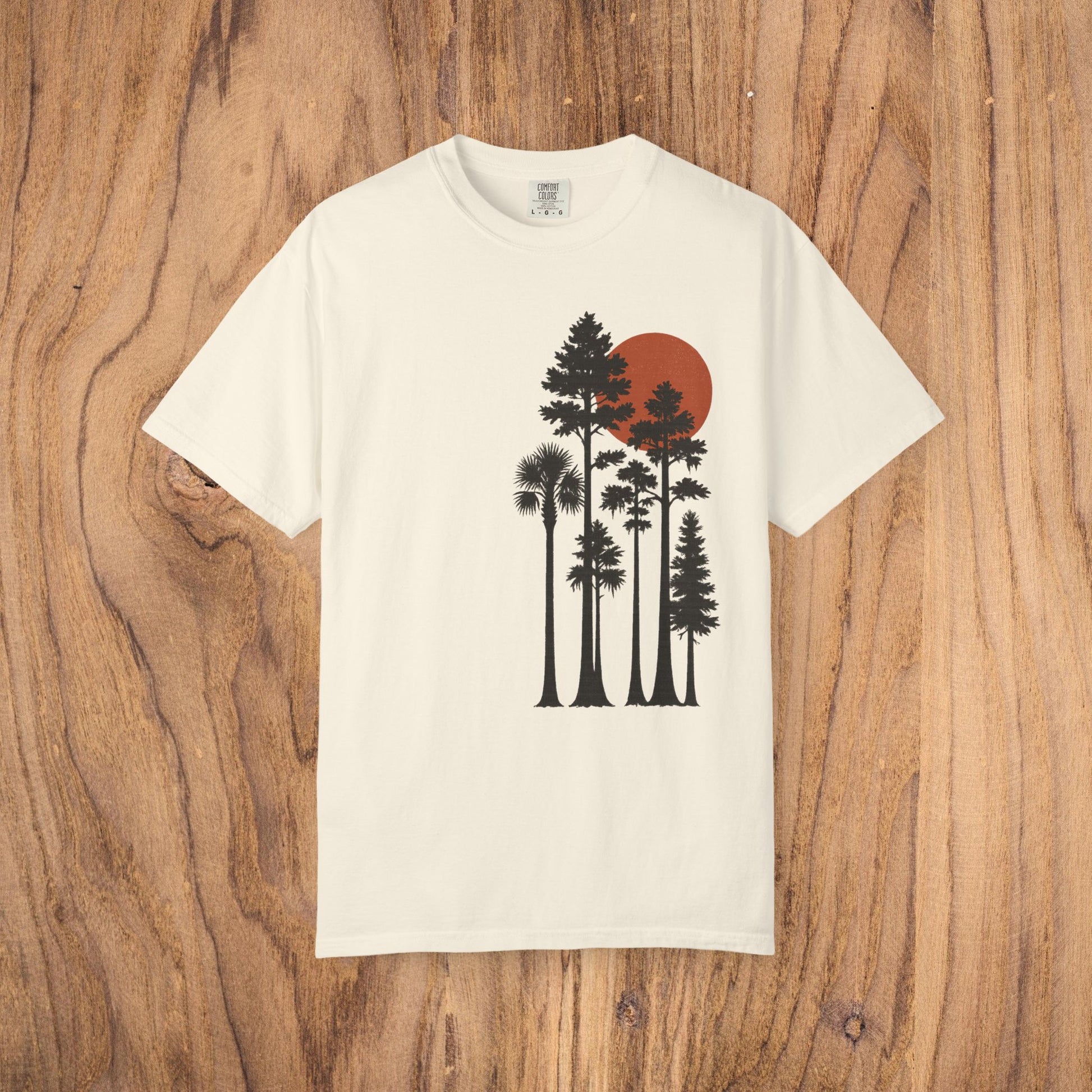 Sunset Trees Unisex T-Shirt in white - Soft 100% Cotton, Garment-Dyed, available in sizes S to 4XL.