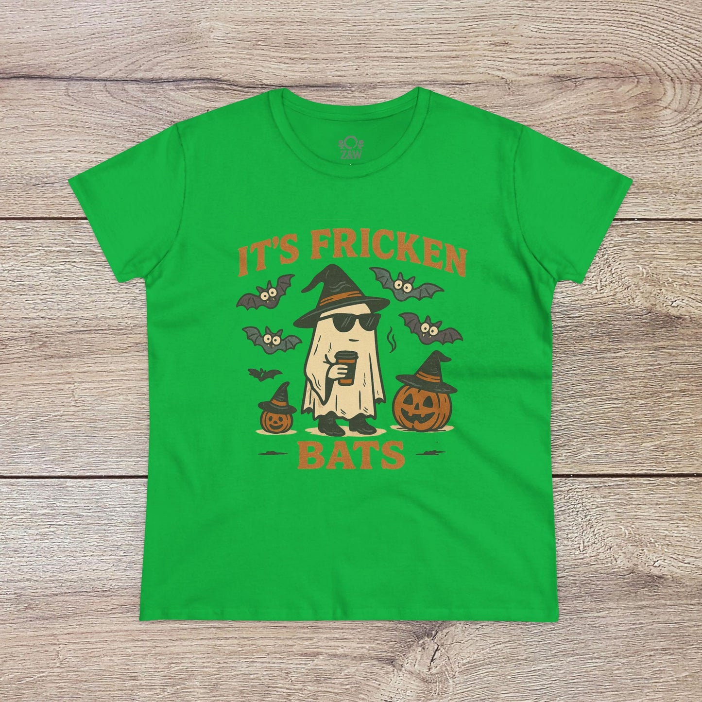 Halloween Unisex T-Shirt featuring a fun graphic of a ghost with sunglasses, bats, and pumpkins. Made from 100% cotton, perfect for trick-or-treating.