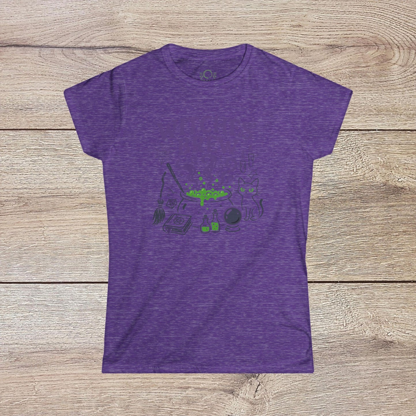 Witches' Brew Halloween T-Shirt showcasing a playful design with a green potion and black cat on a purple heather background, made from eco-friendly cotton for a classic fit.