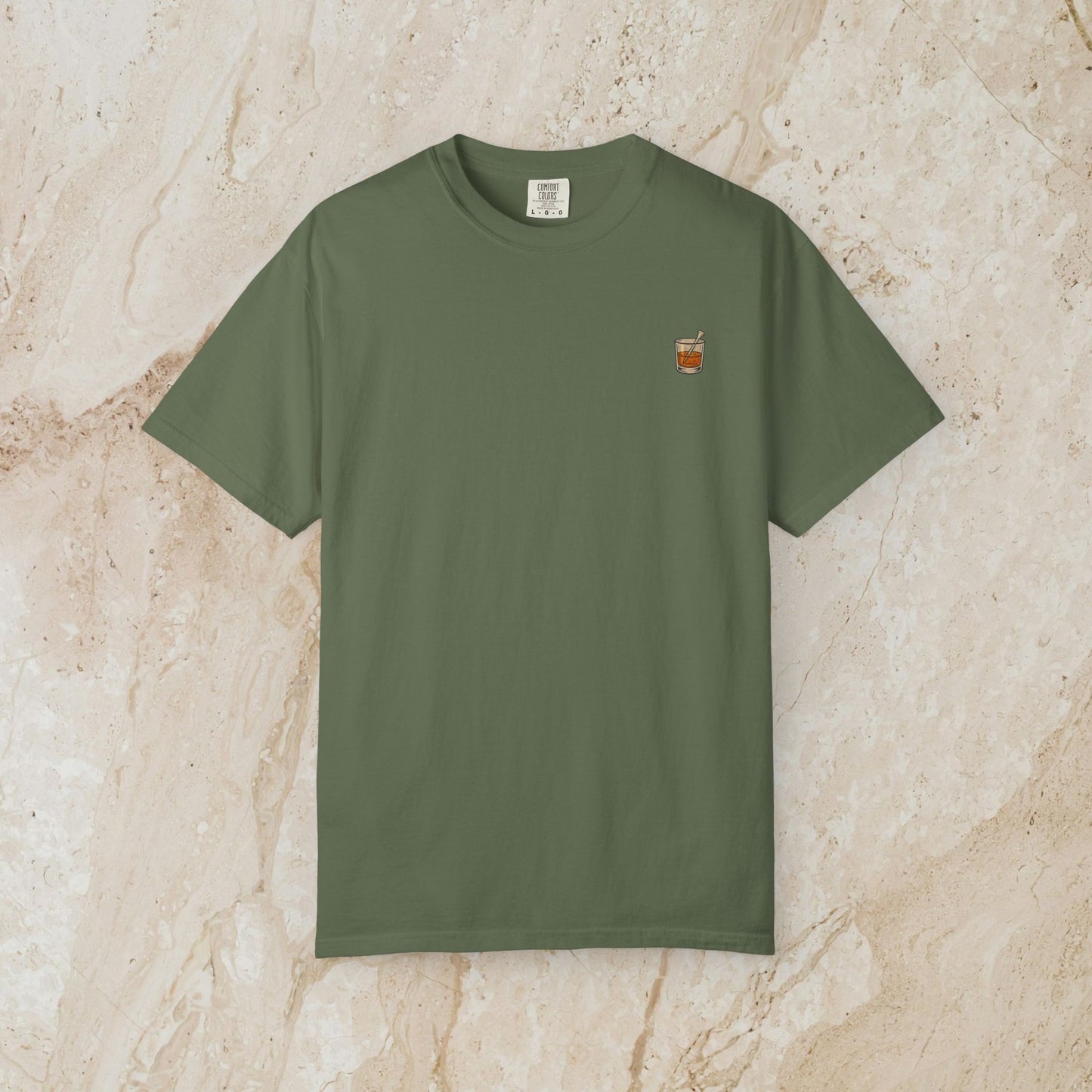 Golden Whiskey Dog Tee in olive green color, featuring a unique vintage style, made from 100% cotton, relaxed fit with a left chest pocket.