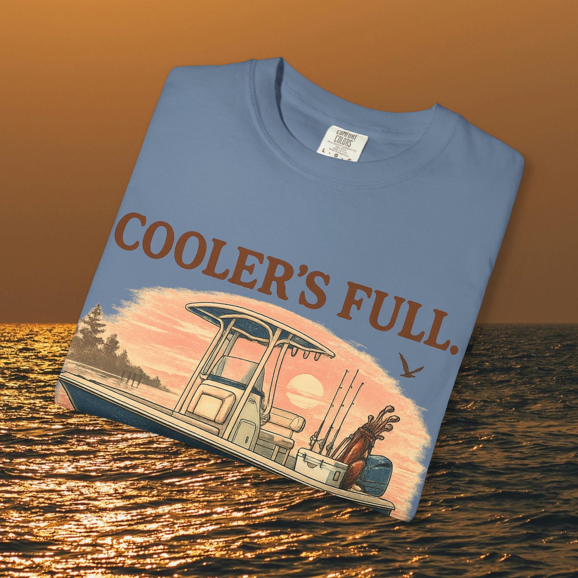 Front view of Men's & Women's Durable Cotton Full Tee featuring the words 'COOLER'S FULL.' on a blue background, ideal for fishing enthusiasts.