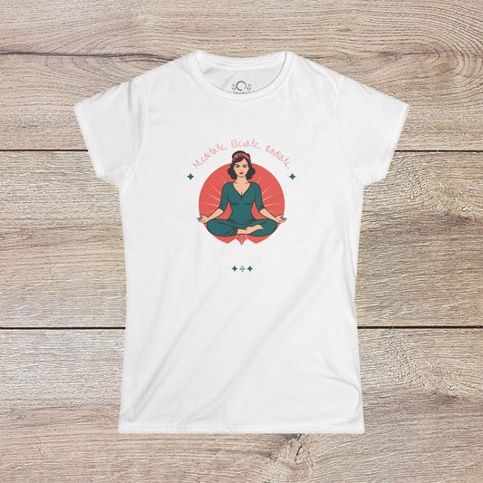 Women's Festival Crop Top | Mindful Vibes Yoga Wear displayed in a vibrant white tee with a meditating woman design, ideal for comfort and style during summer activities.