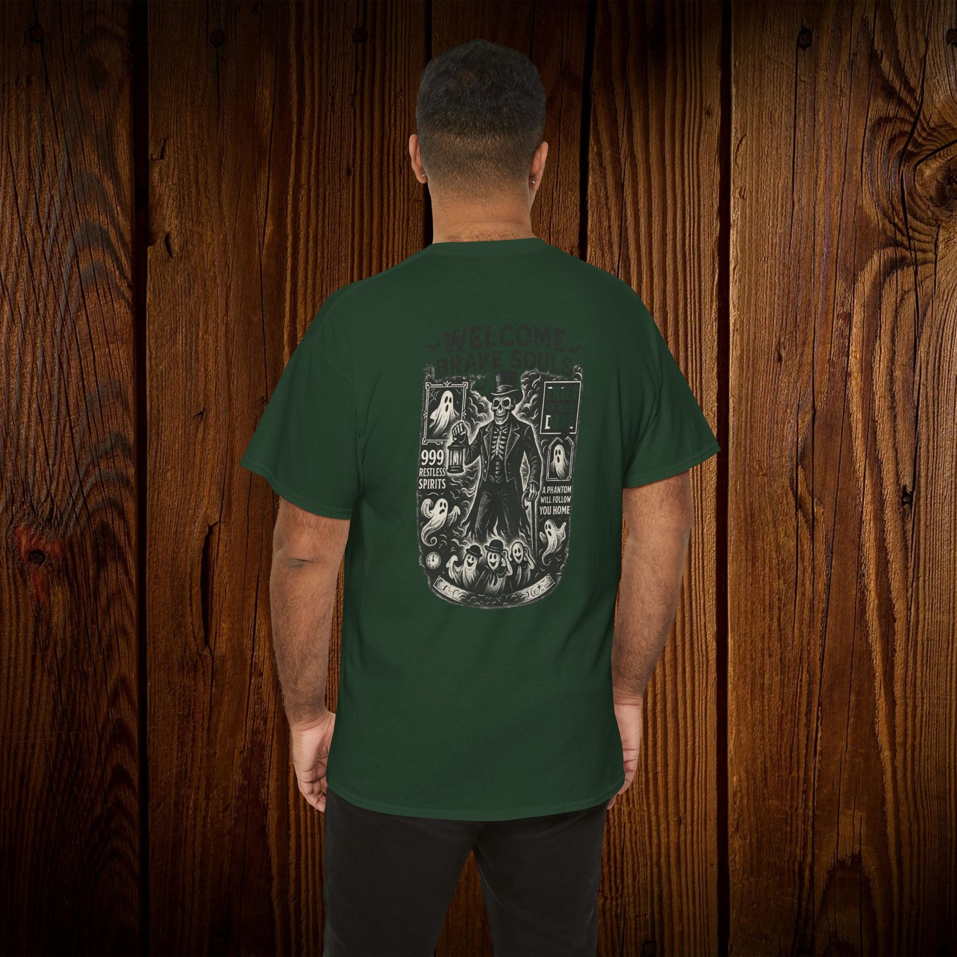 Spooky Halloween Graphic Tee showcased on a person from the back, featuring a unique ghost print design, perfect for unisex casual wear.