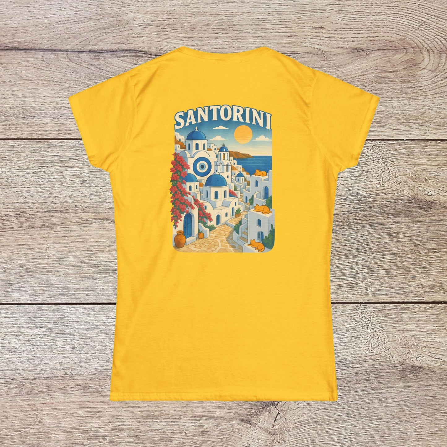 Santorini Tee featuring a vibrant yellow color with a beautiful illustration of Santorini's iconic architecture on the back, showcasing a seamless design made from 100% ring-spun cotton for ultimate comfort.