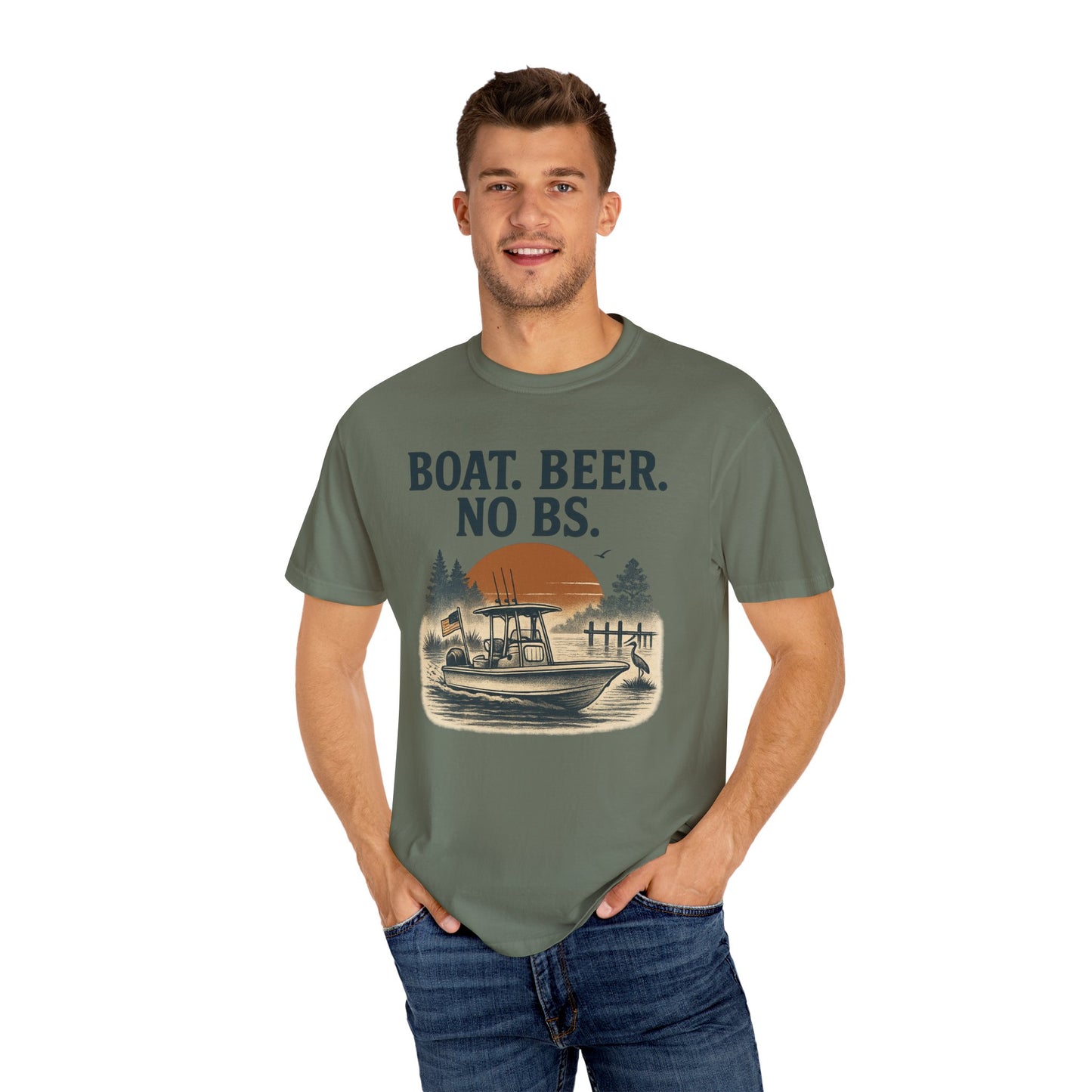 Man wearing Boat Beer No BS Tee in green, highlighted by a unique graphic of a boat at sunset, perfect for beer lovers and boating fans.