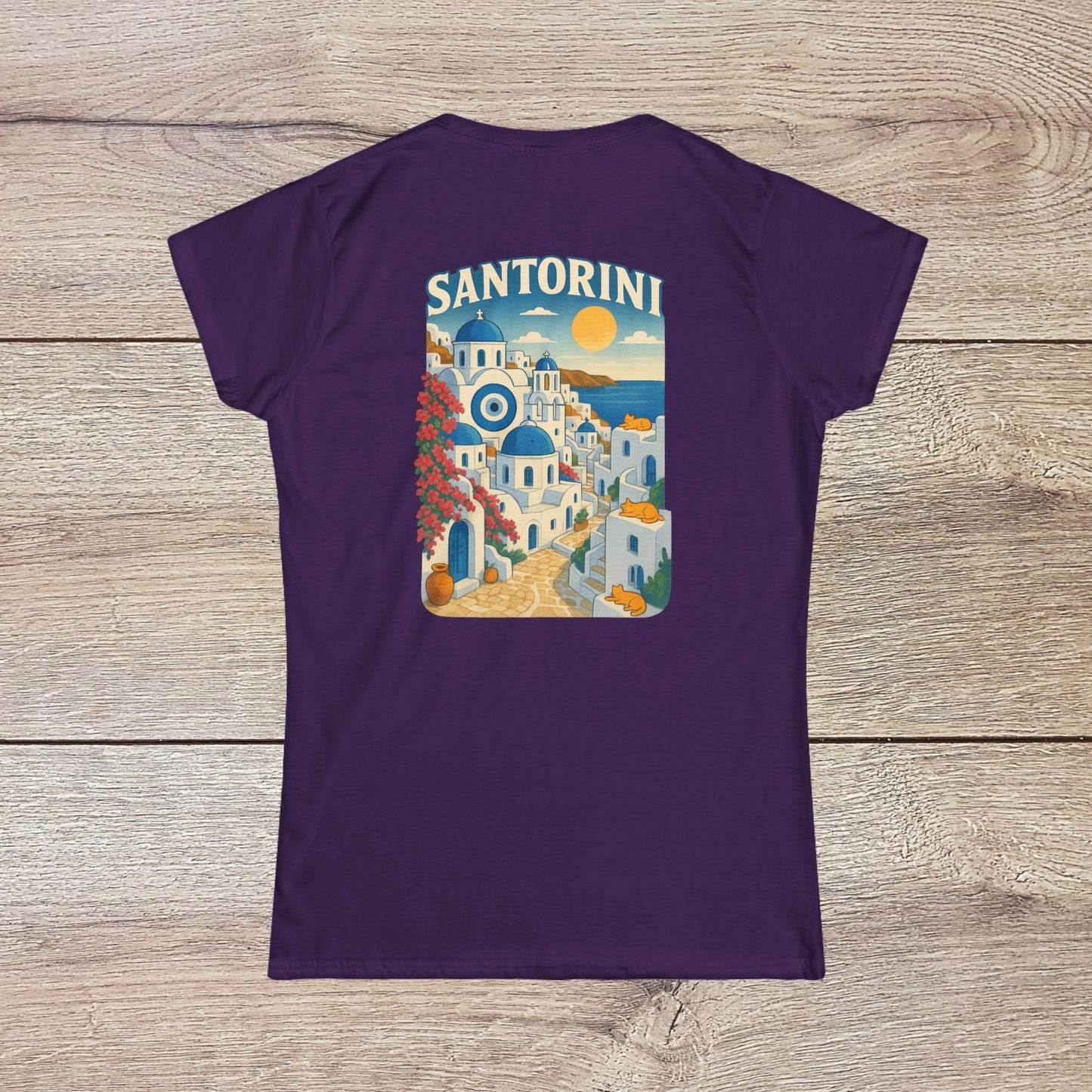 Santorini Tee featuring a vivid back design of Santorini's iconic architecture and sunset, made from 100% ring-spun cotton.