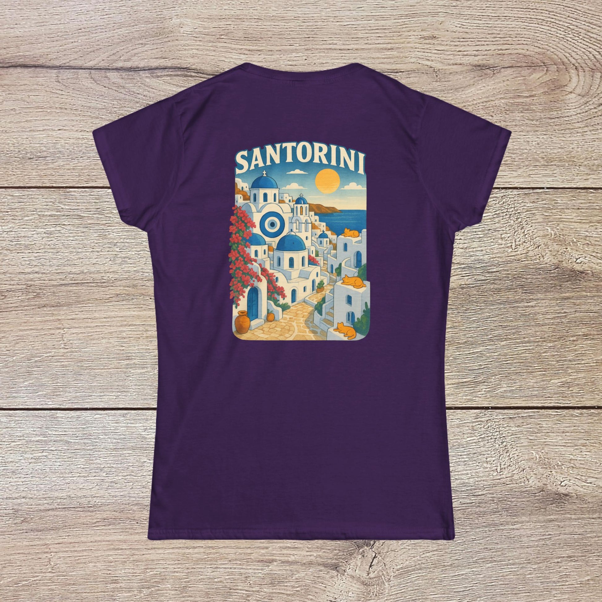 Santorini Tee featuring a vivid back design of Santorini's iconic architecture and sunset, made from 100% ring-spun cotton.