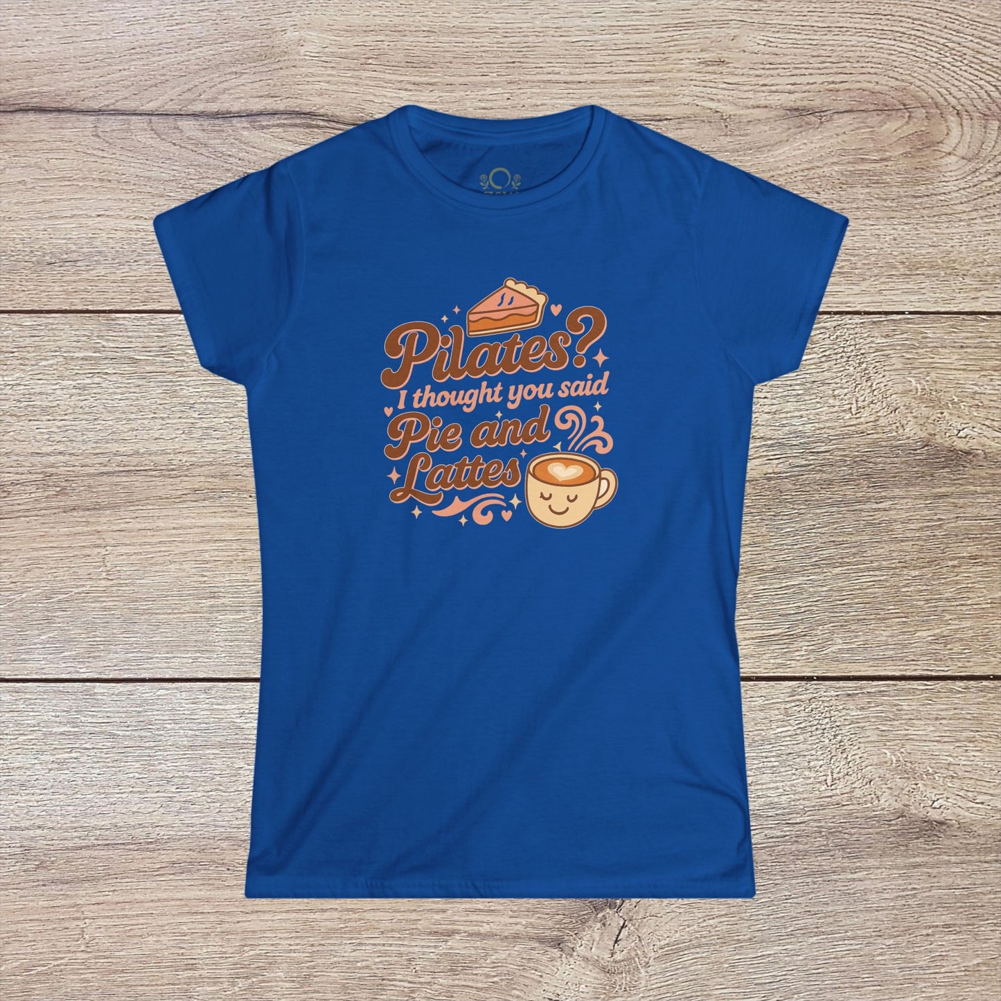 Funny Pilates T-Shirt featuring a humorous design: 'Pilates? I thought you said Pie and Lattes'. Durable shoulder tape and classic fit for everyday comfort.