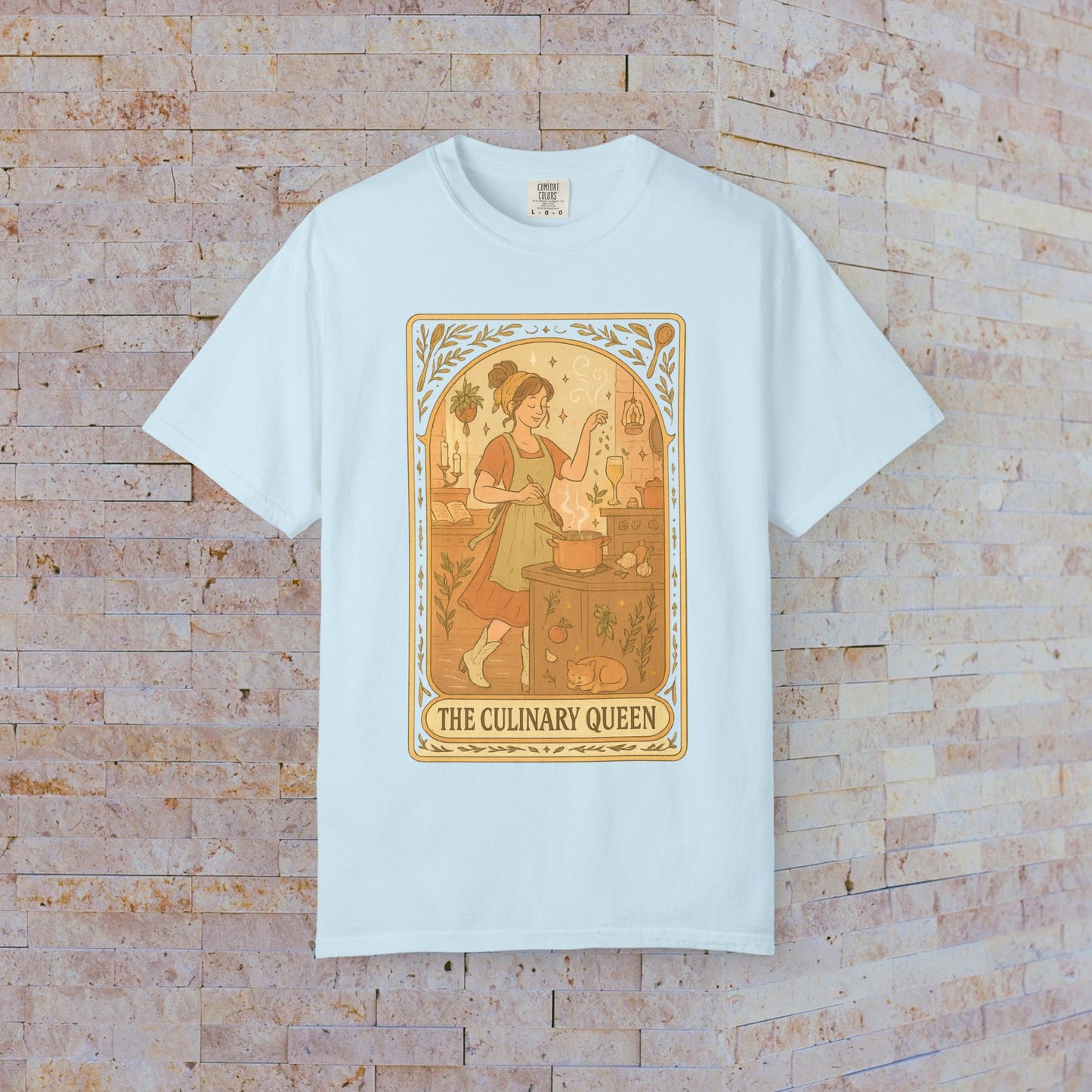 Culinary Queen Tarot Tee in light blue, highlighting its unique culinary design and soft cotton material.