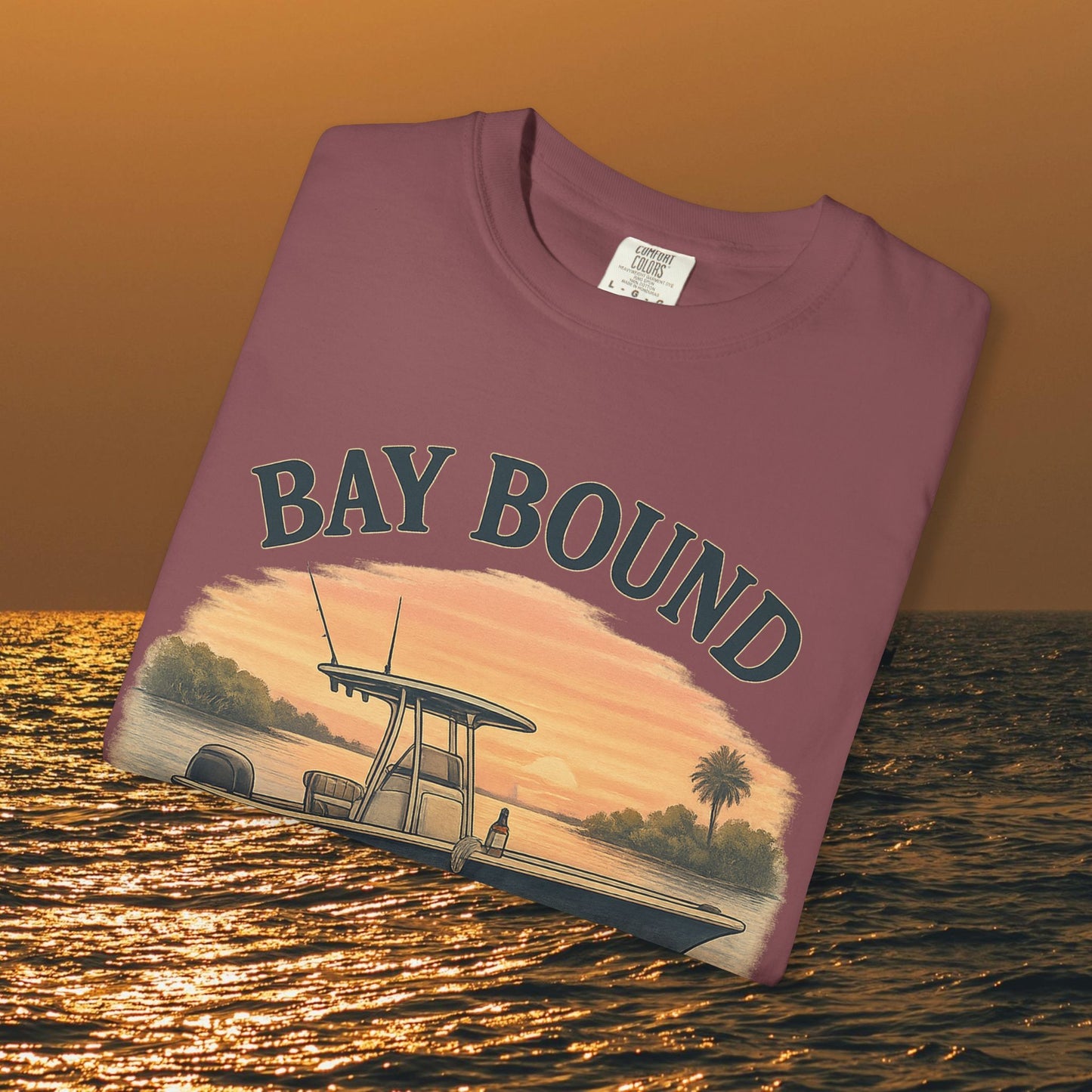 Boating T-Shirt For Summer in a stylish mauve color featuring the 'BAY BOUND' design, made for fishing and beach enthusiasts.