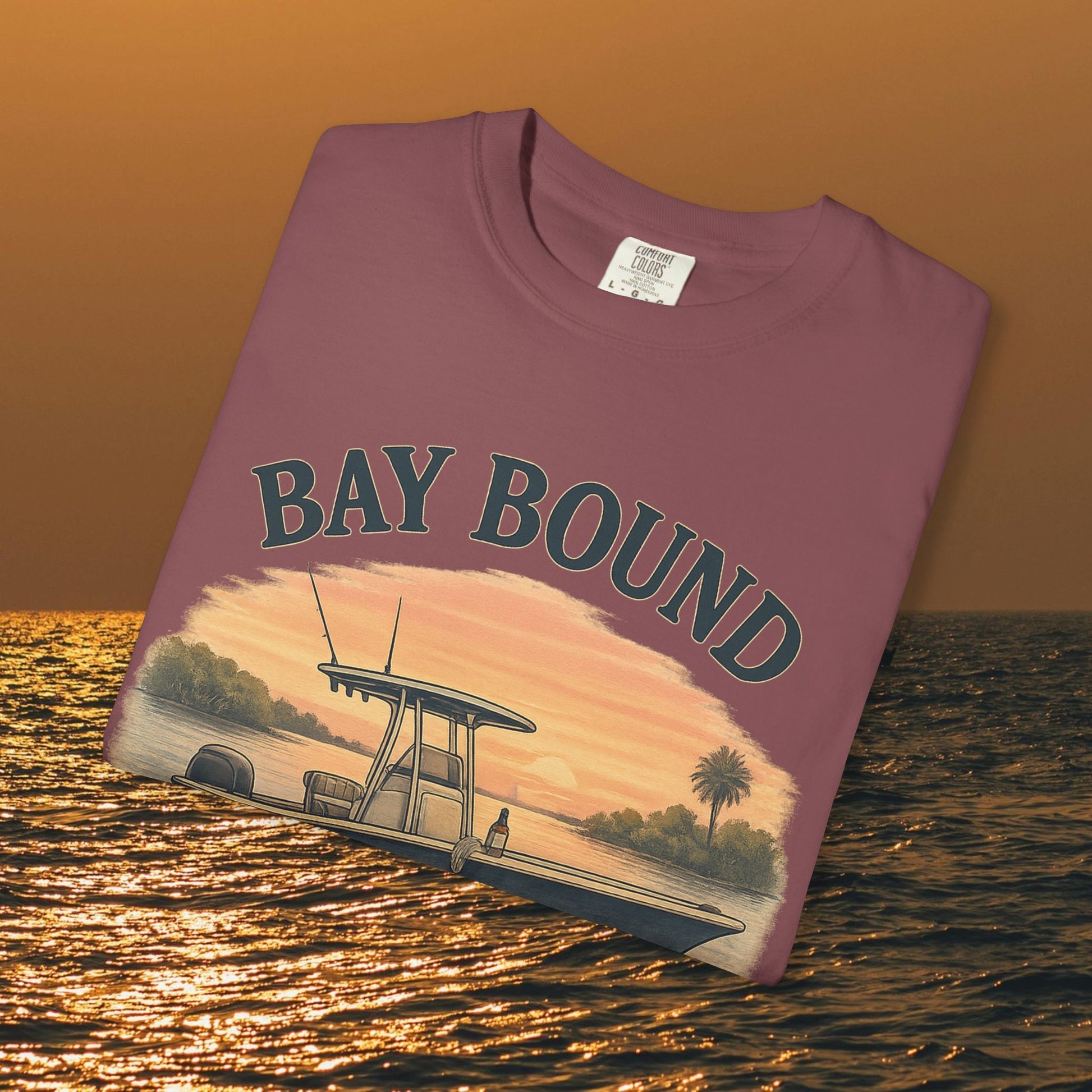 Boating T-Shirt For Summer in a stylish mauve color featuring the 'BAY BOUND' design, made for fishing and beach enthusiasts.