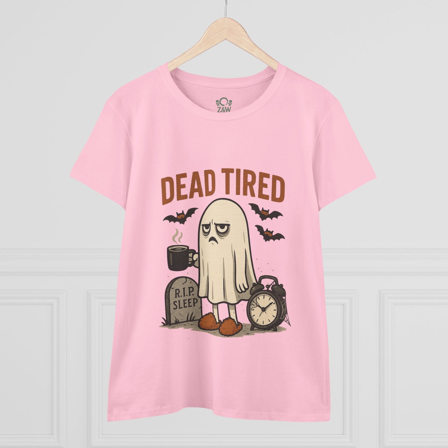 Front design of a Cute Whimsical Ghost T-Shirt for Halloween in pink, featuring a sleepy ghost, ideal cozy 100% cotton unisex lounge shirt for Halloween.
