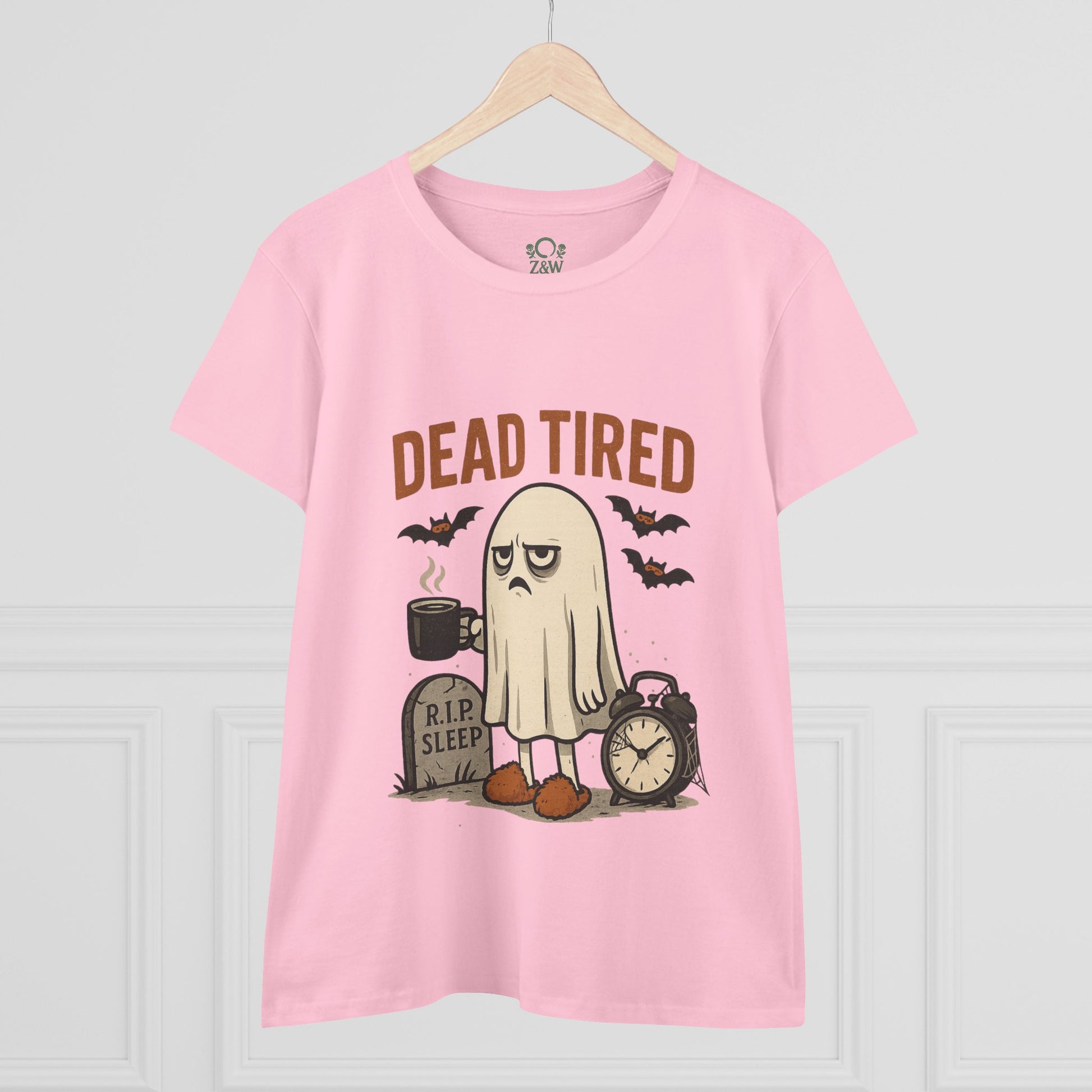 Front design of a Cute Whimsical Ghost T-Shirt for Halloween in pink, featuring a sleepy ghost, ideal cozy 100% cotton unisex lounge shirt for Halloween.
