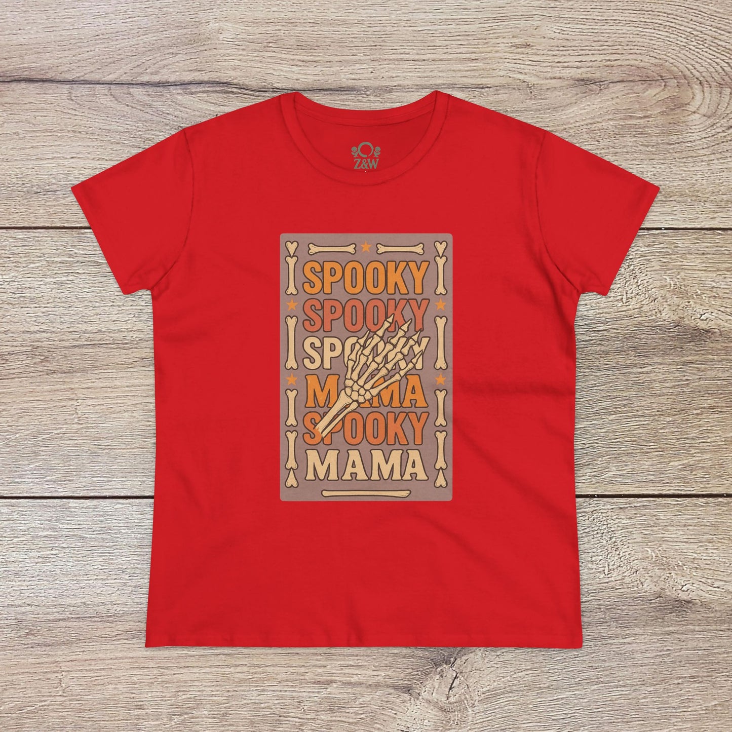 Spooky Mama Tee in red color featuring a playful graphic design, perfect for all occasions.