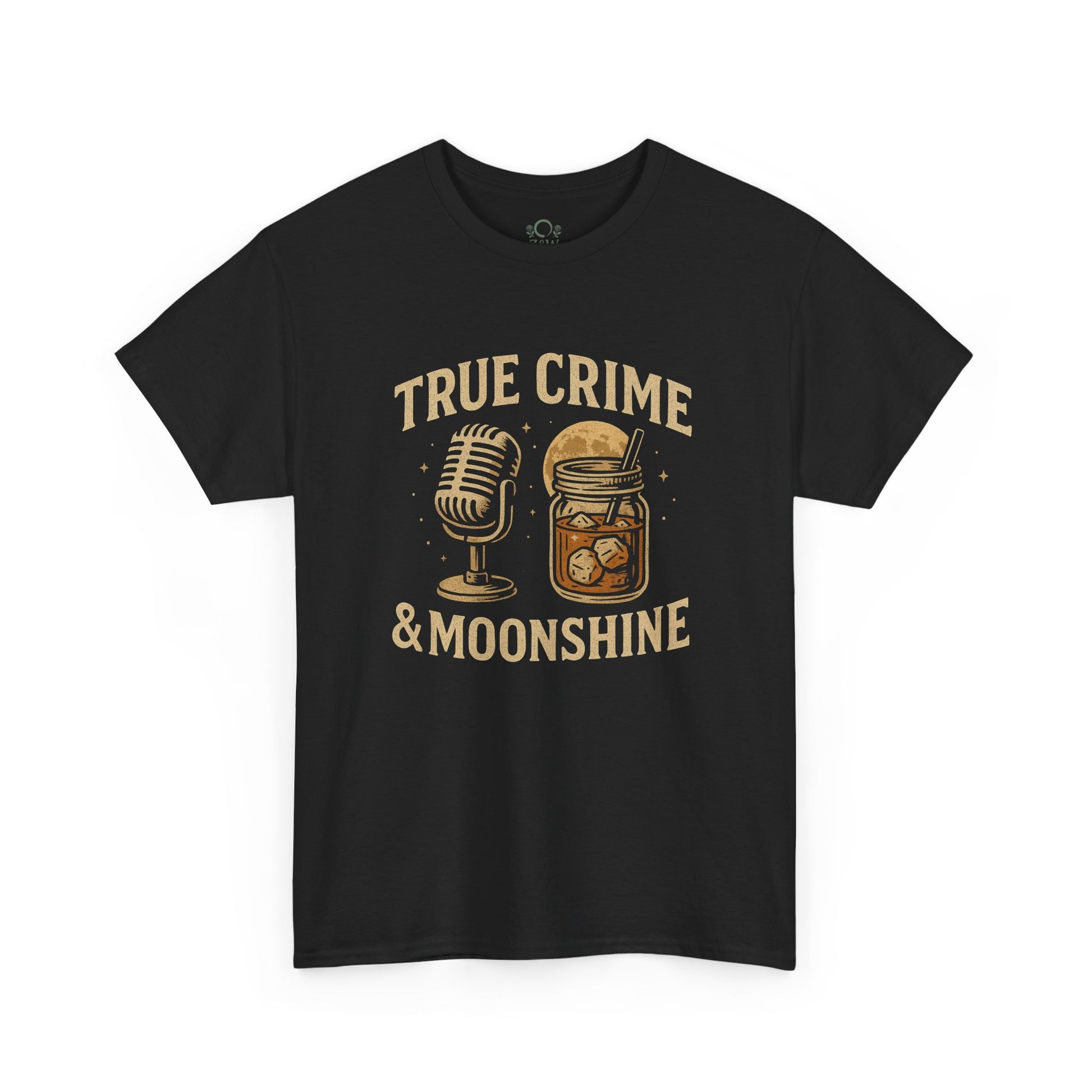 True Crime & Moonshine Unisex Graphic Tee in black featuring a vintage-inspired design with a microphone and jar, a great choice for true crime lovers.