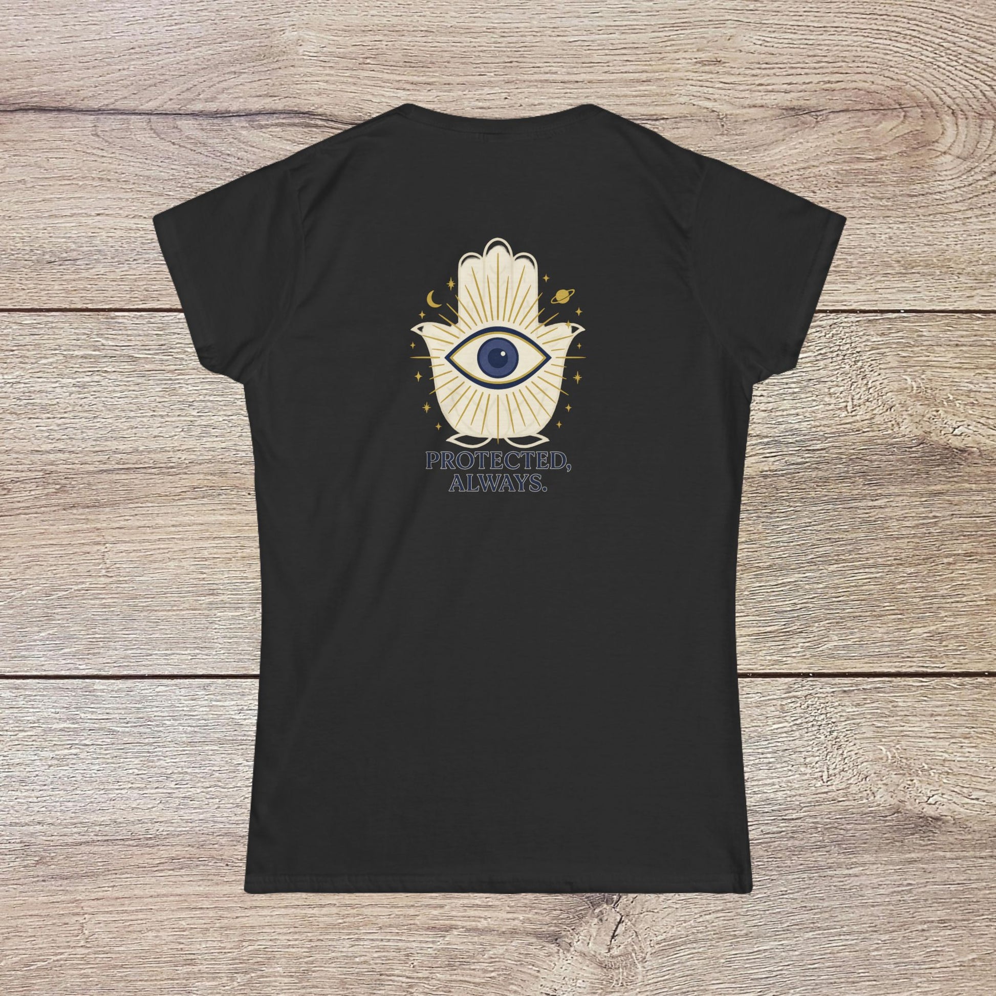 Ladies' V-Neck T-Shirt in classic black, featuring the 'PROTECTED, ALWAYS' graphic design on the back for a powerful statement.