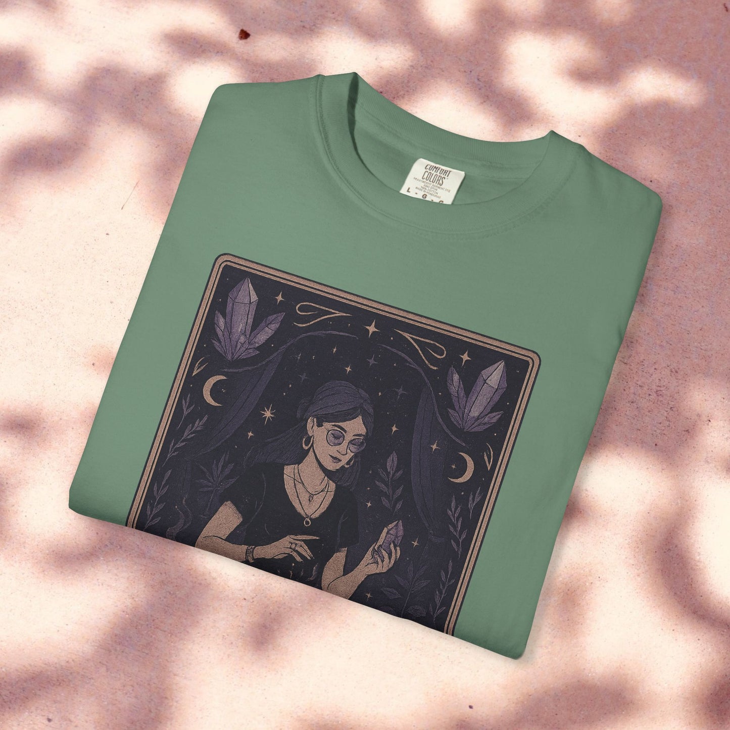 Light green Intuitive Tarot Tee featuring a captivating design of a mystical woman with tarot cards, ideal for casual and spiritual wear.