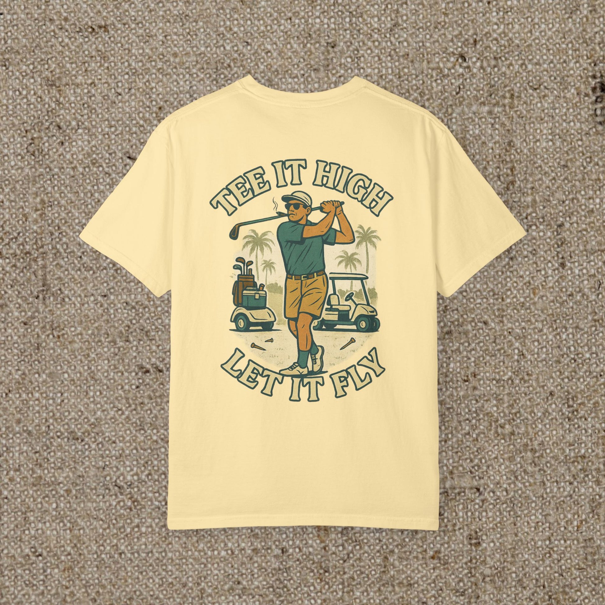 Back view of the Tee It High Let It Fly Graphic Tee in yellow, featuring a colorful golfer graphic and the playful slogan for golf lovers.