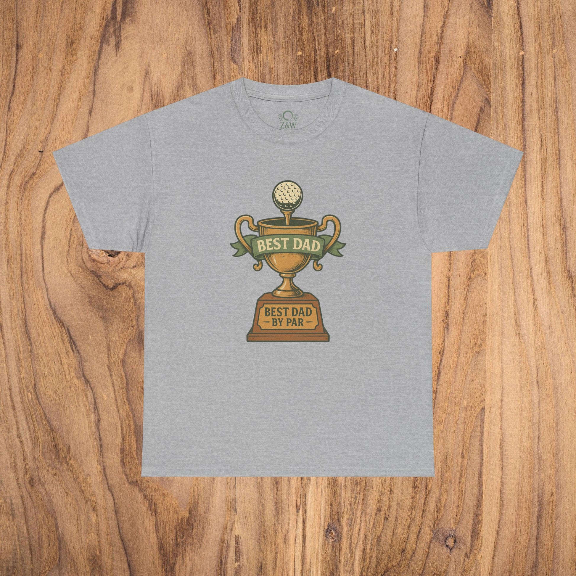 Best Dad Trophy T-Shirt in heather gray, featuring a stylish trophy illustration with 'Best Dad by Par', suitable for every proud dad.