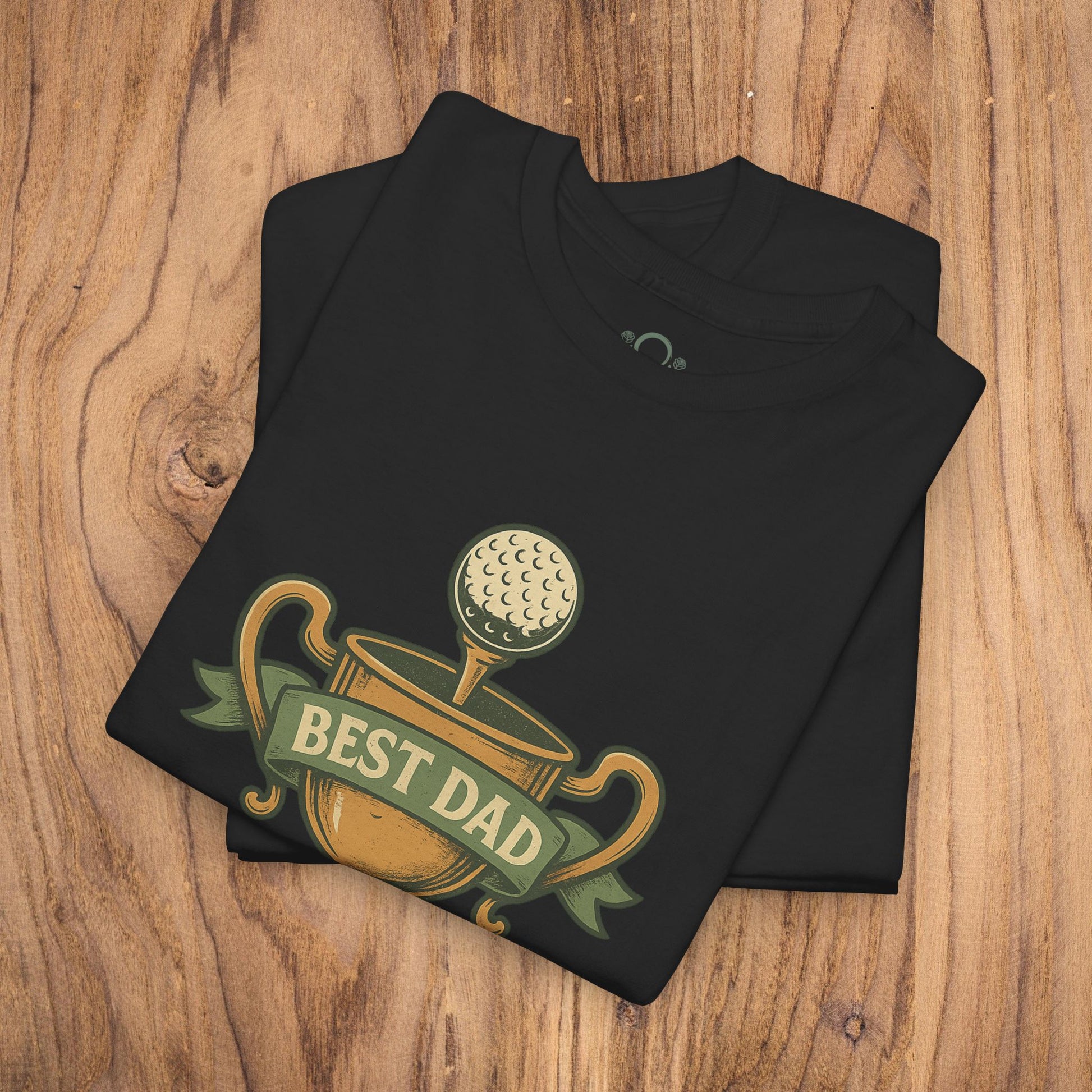 Best Dad Trophy T-Shirt in black showcasing a striking golf trophy design, made from soft cotton for all-day comfort.