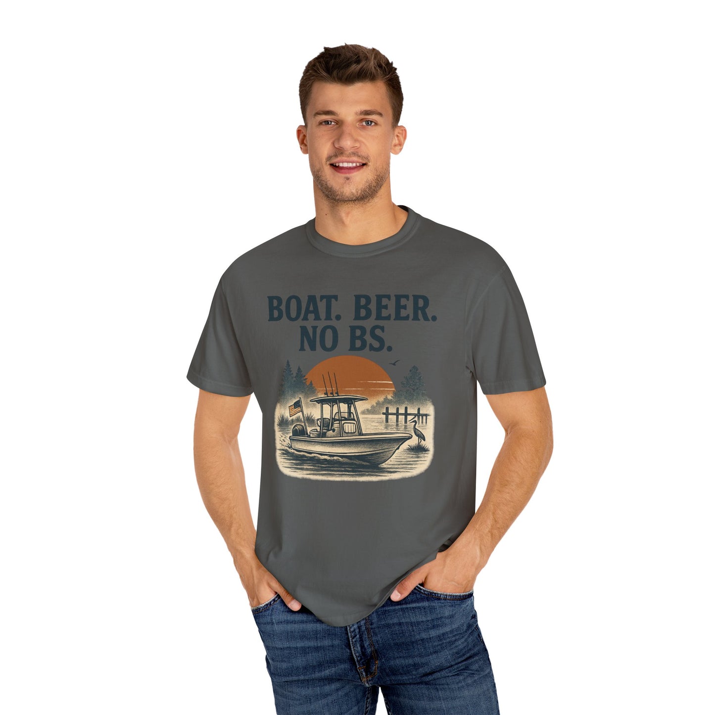 Boat Beer No BS Tee featuring a man in a gray shirt with a fishing boat graphic and sunset backdrop.