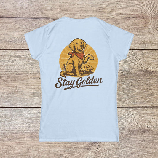 Stay Golden Dog Tee featuring a cute dog illustration, vibrant yellow background, and stylish text design. Ideal for dog lovers and casual wear.