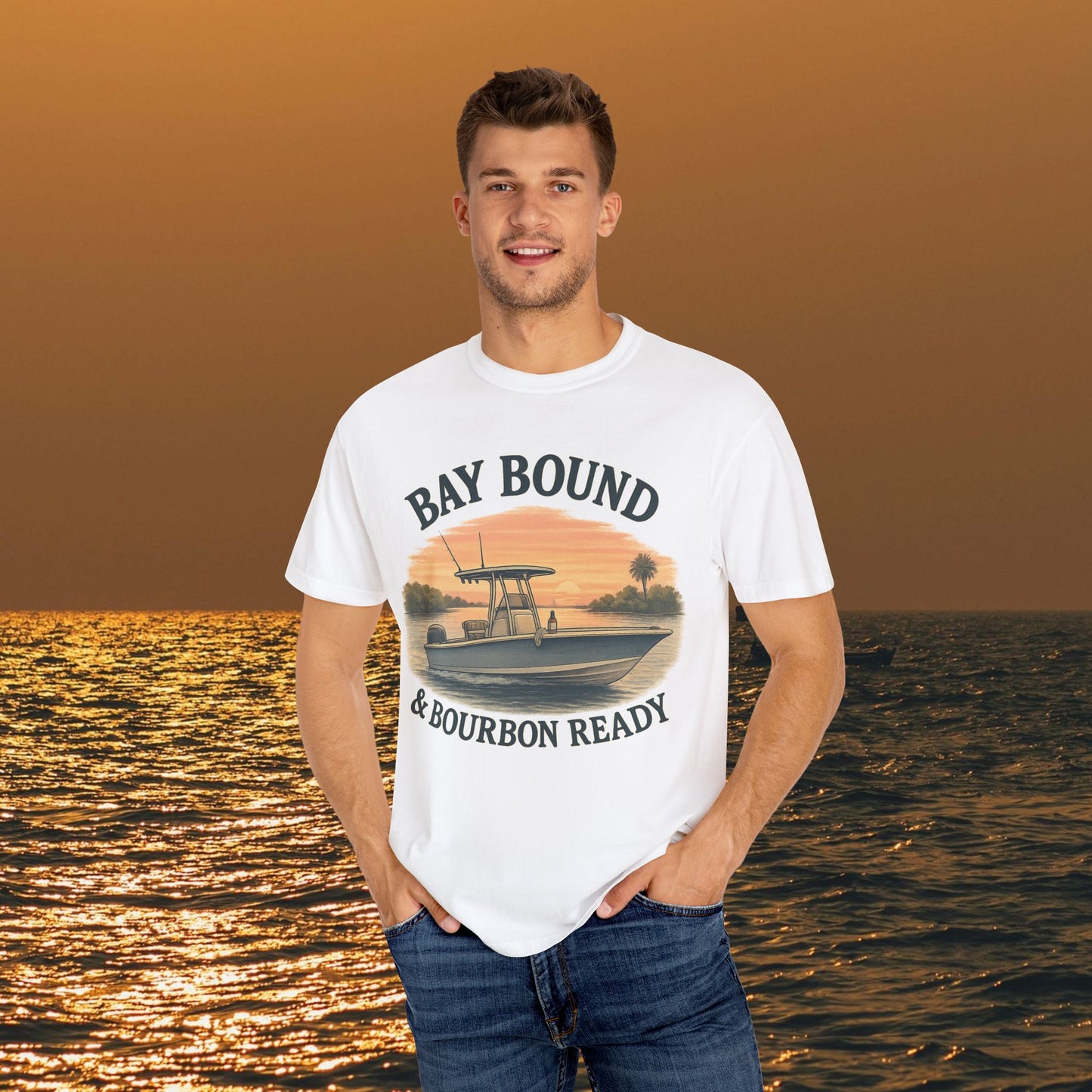 Man wearing Bay Bound T-Shirt for Summer, showcasing a relaxed fit and stylish design for fishing and beach adventures.