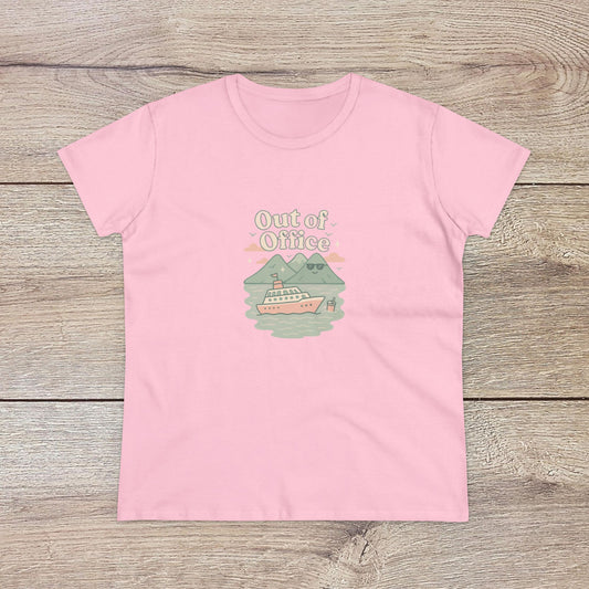 Out Of Office Cruise Tee in pink featuring a cute illustration of a cruise ship on water with mountains in the background, designed with a soft cotton blend for warm weather.