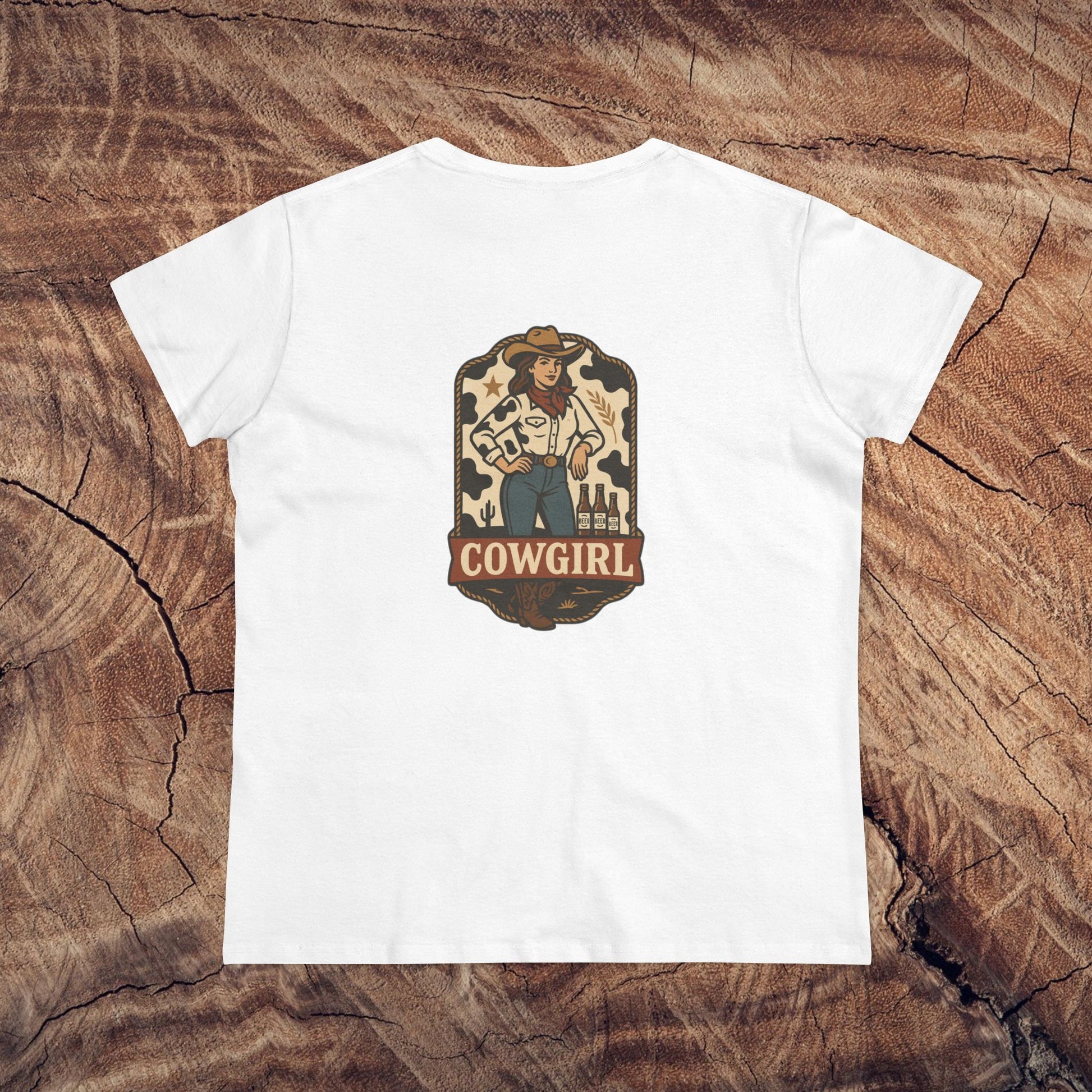Back view of Country Roots Cowgirl Tee showcasing a colorful Cowgirl graphic on a white fabric, ideal for country style enthusiasts.