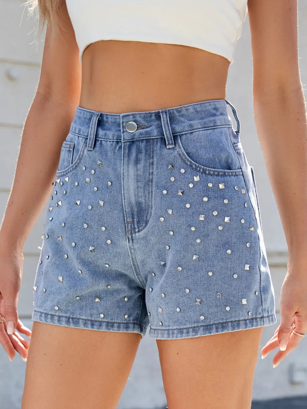 Stylish Rhinestone Washed High Waist Denim Shorts featuring sparkling rhinestones and a tailored fit, perfect for any casual occasion.