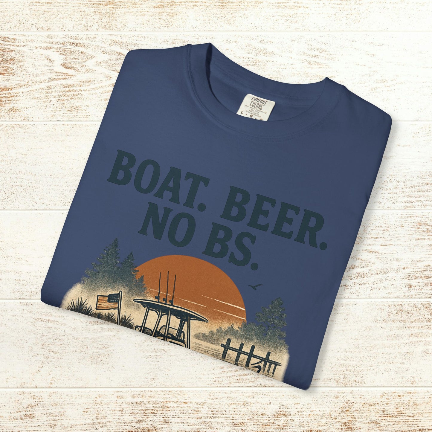 Boat Beer No BS Tee in dark blue, featuring a stylish sunset graphic, great for relaxed outings by the water.