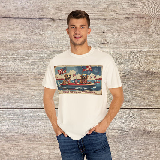 Men's Golden Tee: Comfortable Cotton T-Shirt with Ribbed Collar, featuring a playful design of dogs on a boat celebrating freedom, perfect for casual occasions.