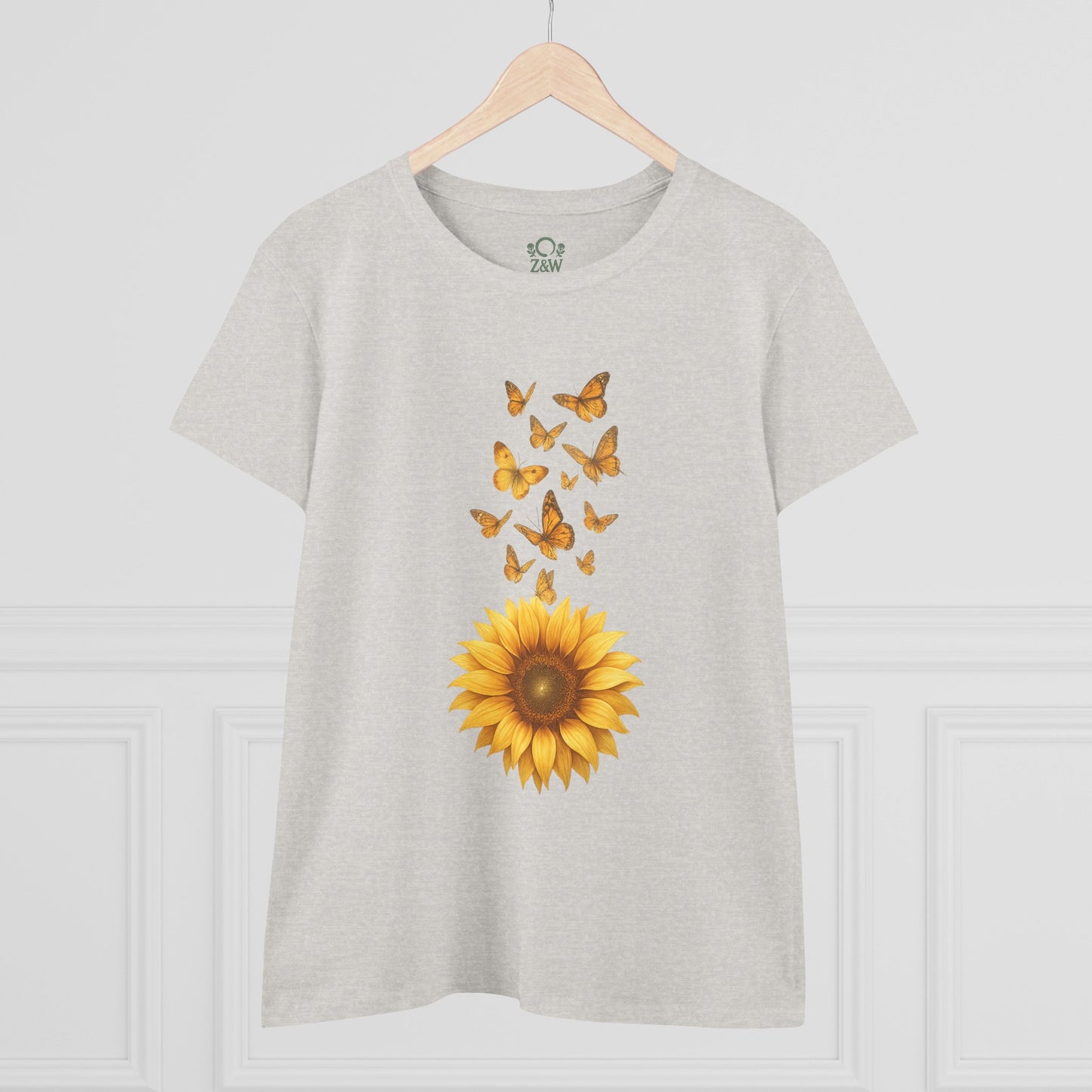 Front view of the light gray Sunflower & Butterflies Cotton Tee for Women, displaying beautiful sunflower and butterfly artwork, ideal for floral enthusiasts.