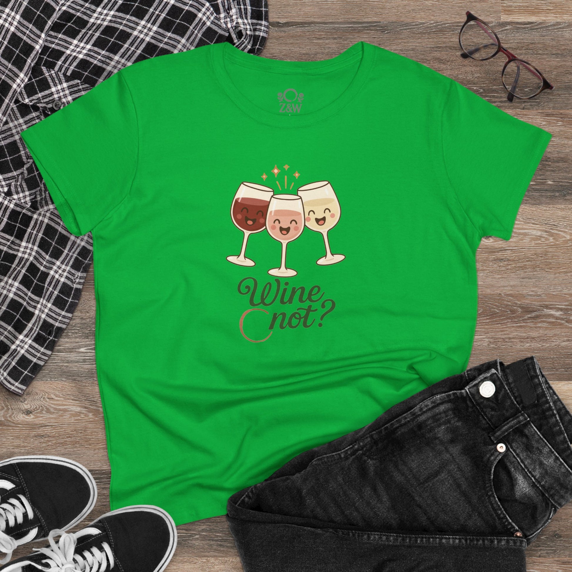 Casual view of the green Wine Not Tee with three happy wine glasses graphics and the slogan 'Wine not?', ideal for relaxed outings.