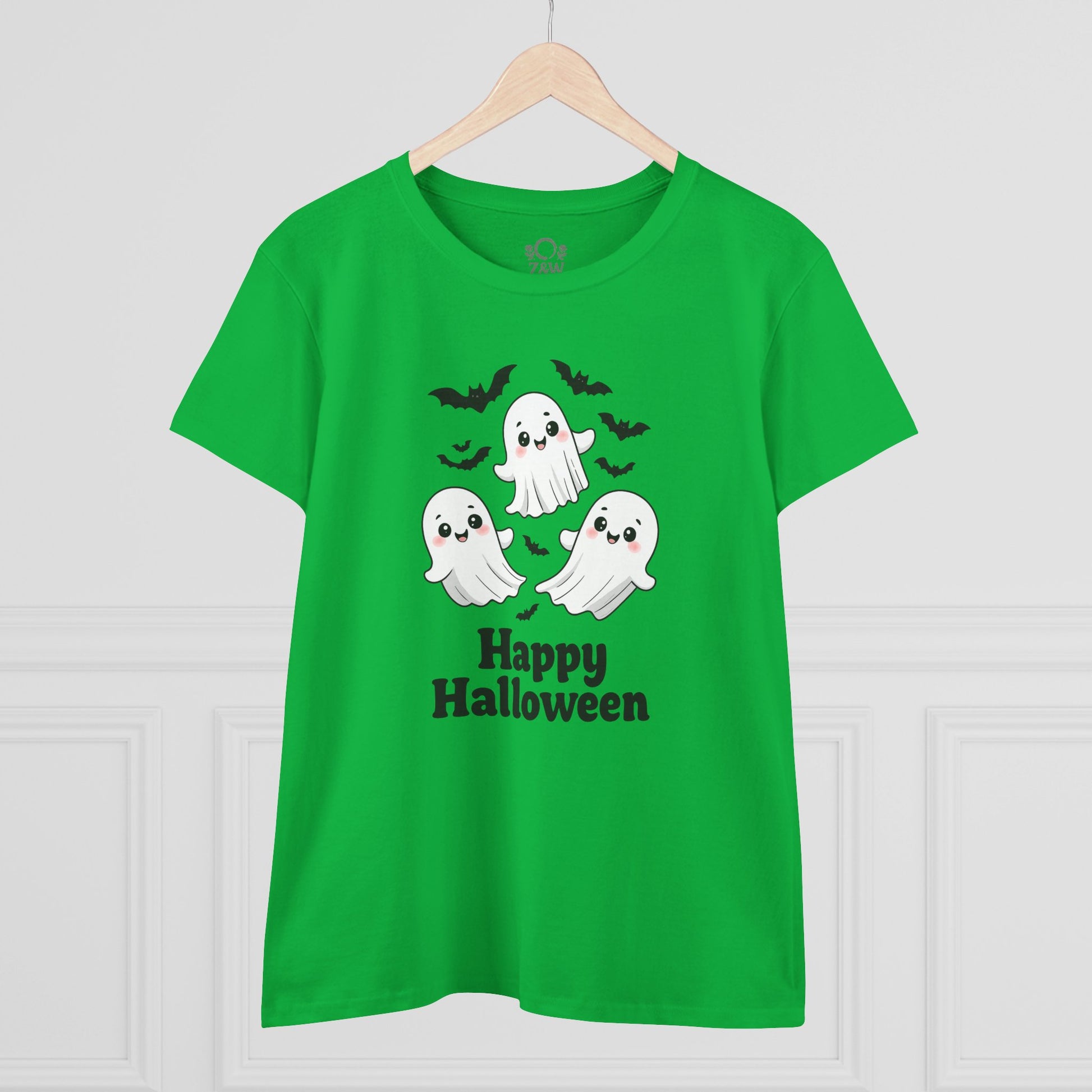 Front view of a Cute Halloween Ghost T-Shirt for Kids & Adults, Unisex Spooky Tee, Soft Cotton Halloween Apparel featuring cute ghosts and bats on a green shirt.