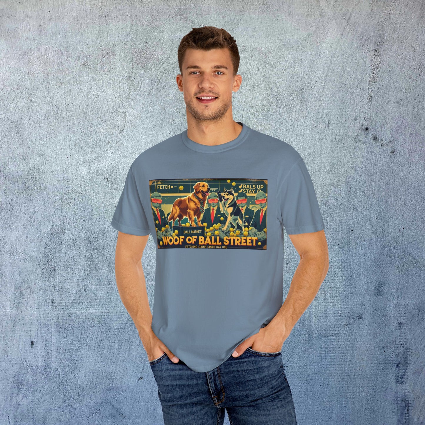 Model wearing the Sleek Woof of Ball Street T-Shirt in blue, highlighting the vintage design with a dog and stylish characters, perfect for casual wear.