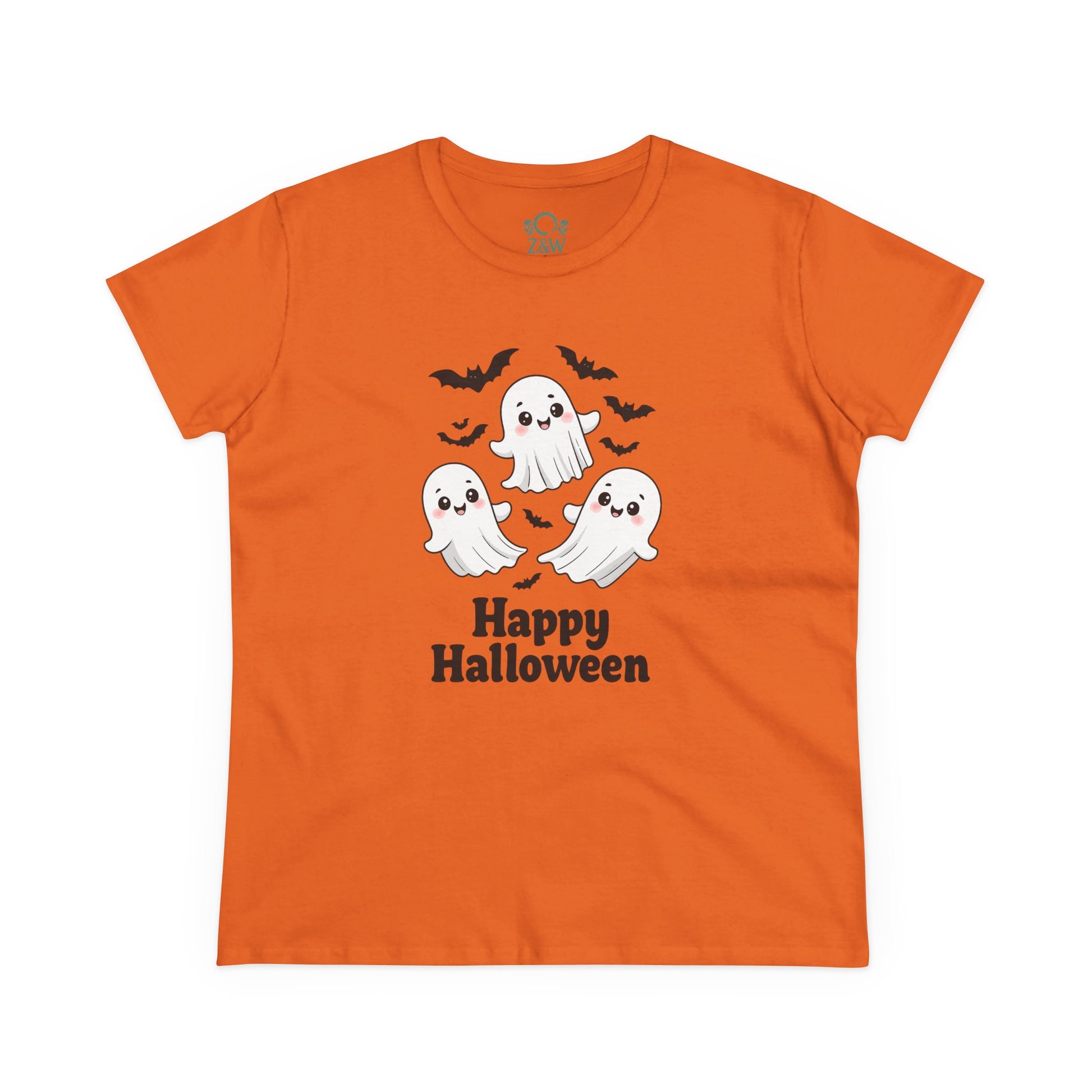 Cute Halloween Ghost T-Shirt for Kids & Adults in bright orange color adorned with cheerful ghosts and bats, ideal for Halloween festivities.