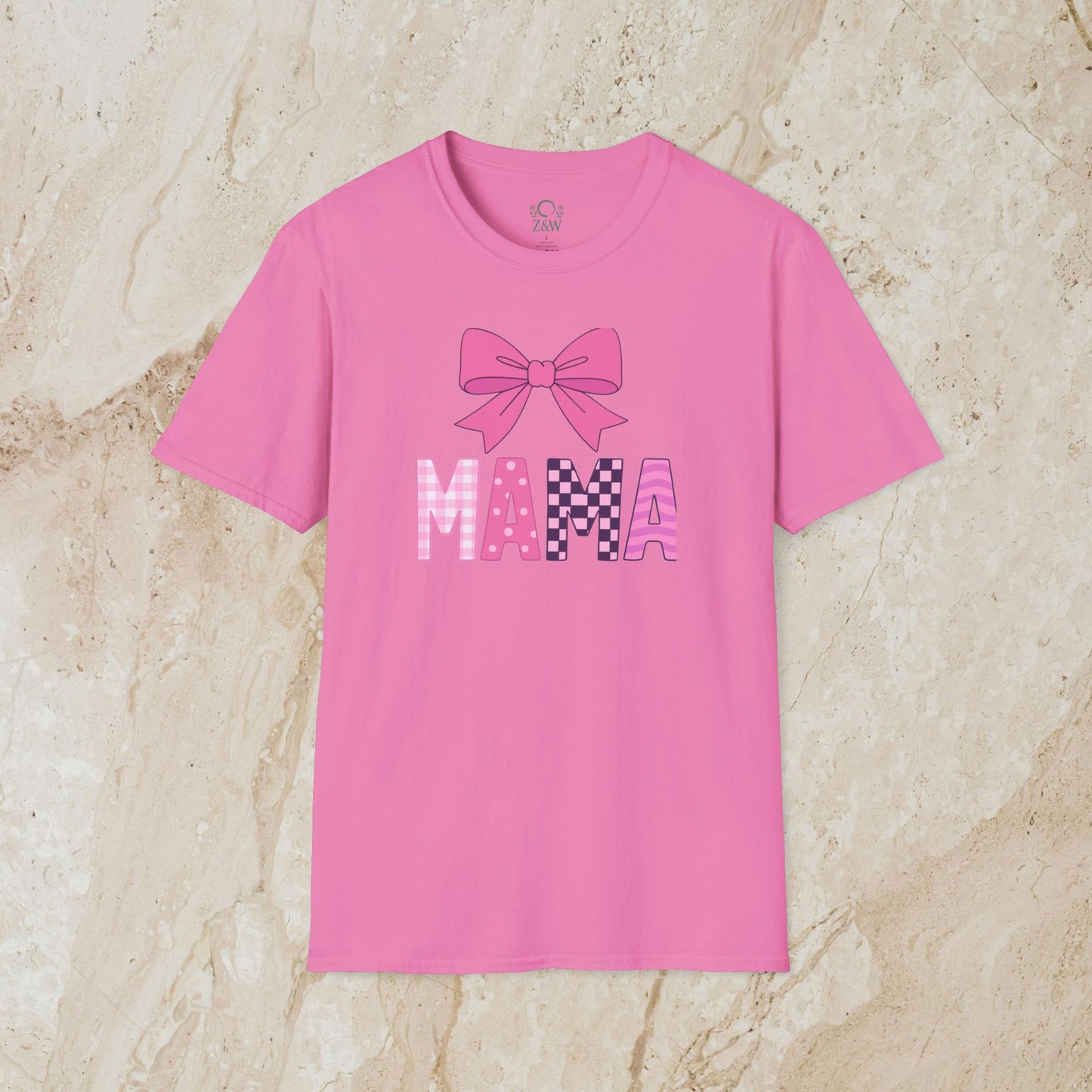 Pink Mama Bow Tee with a stylish bow graphic, made of seamless 100% cotton with a durable ribbed collar.