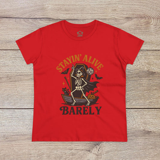 Stayin’ Alive T-Shirt in red with a skeleton design, perfect for Halloween, featuring the playful text 'BARELY'. Ideal for a fun and quirky costume.