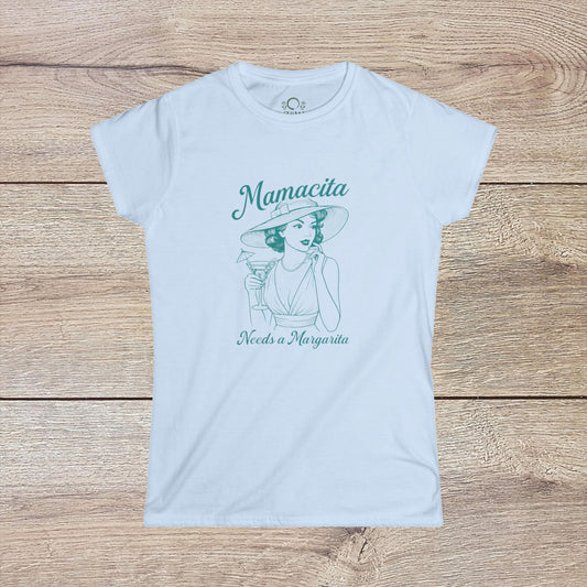 Mamacita Margarita Cotton Tee in white, featuring a vintage-inspired illustration of a woman holding a margarita, promoting a soft, durable fabric with an eco-friendly design.
