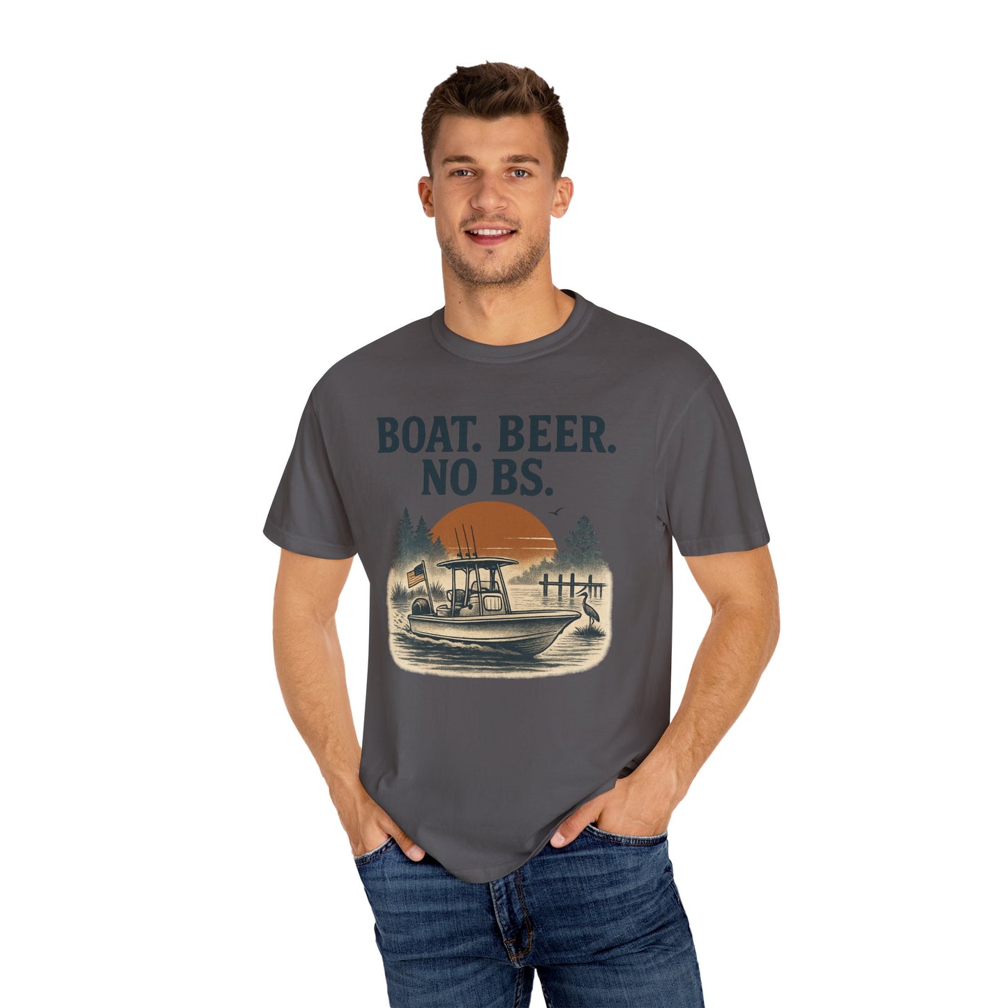 Man wearing the gray version of the Boat Beer No BS Tee, showcasing a sunset and boat design, ideal for enthusiasts.