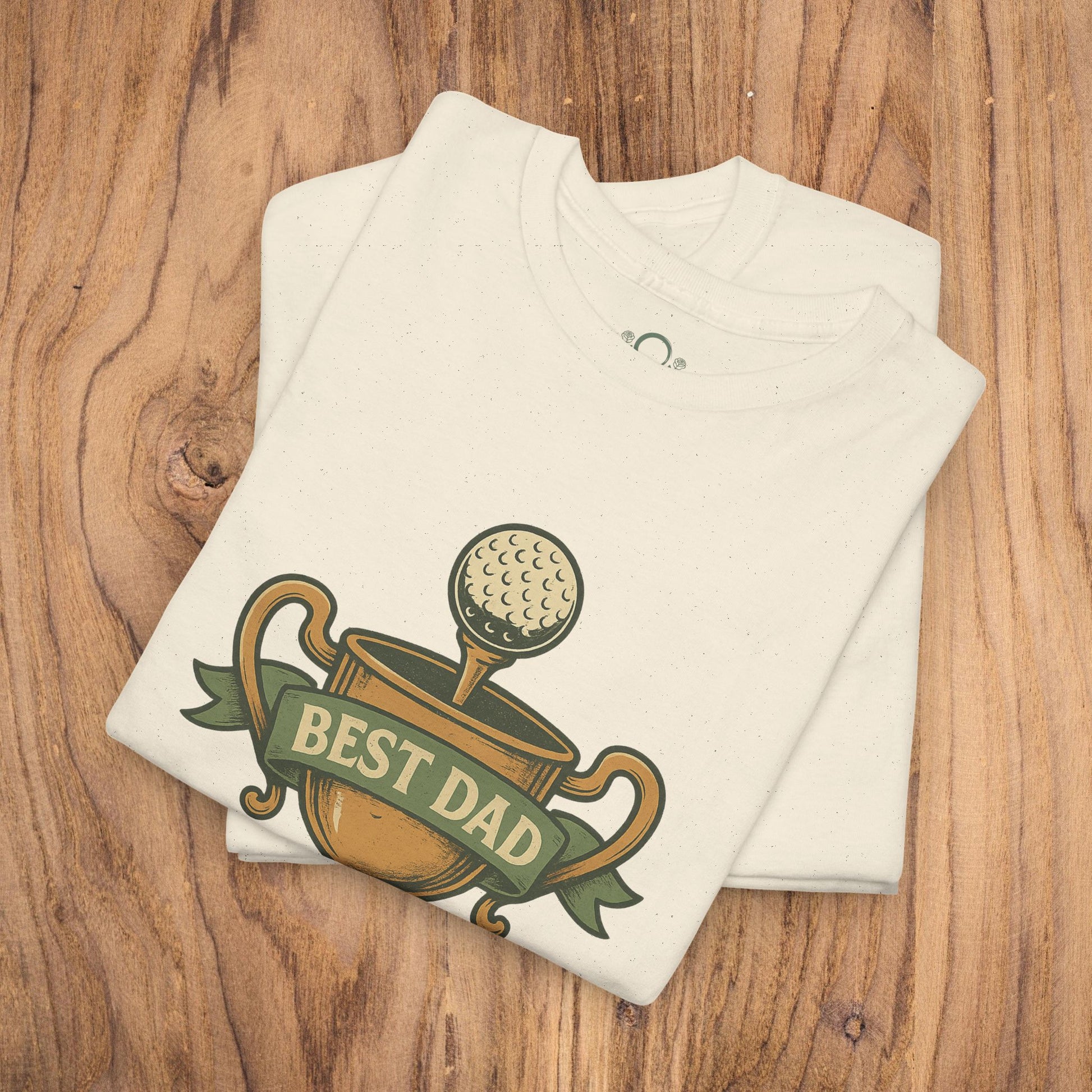 Best Dad Trophy T-Shirt in natural color featuring a vibrant golf trophy print, crafted from soft cotton for ultimate comfort.