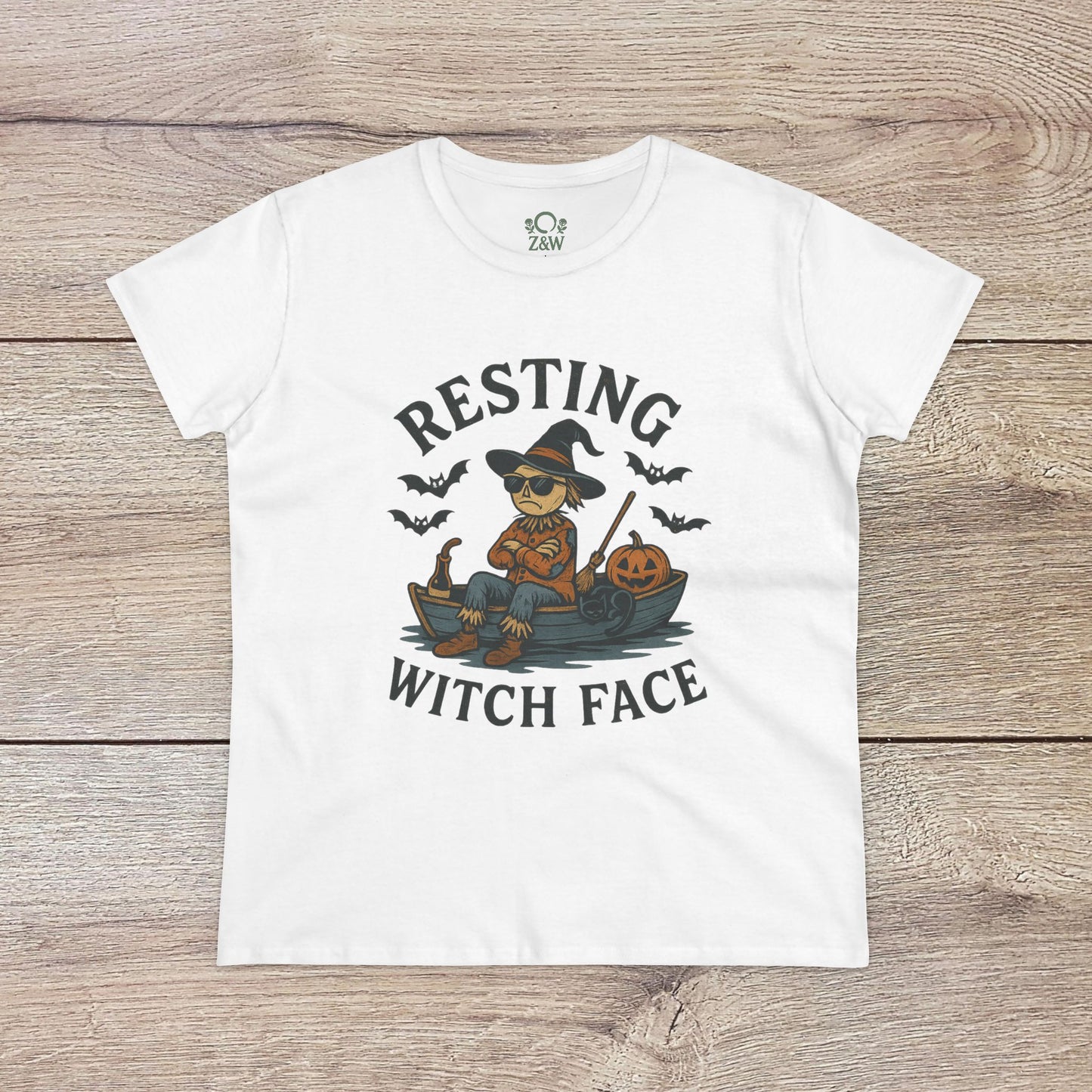 Resting Witch Face Halloween T-Shirt for Women, showcasing a playful witch design on a white tee, ideal for humorous Halloween celebrations and gifting.