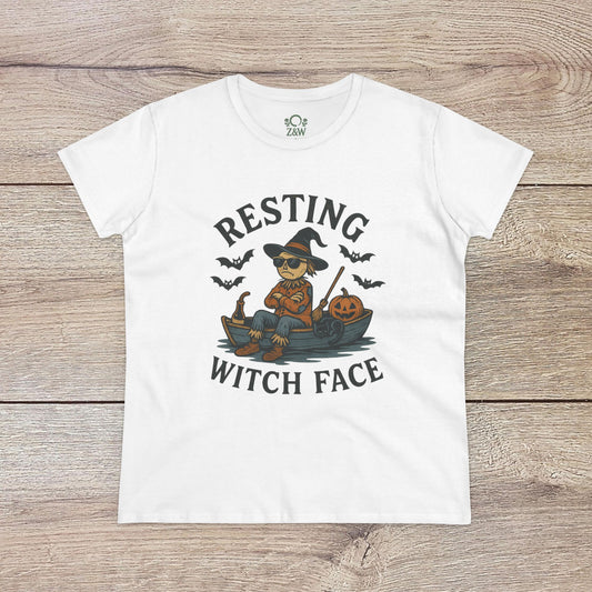 Resting Witch Face Halloween T-Shirt for Women, showcasing a playful witch design on a white tee, ideal for humorous Halloween celebrations and gifting.