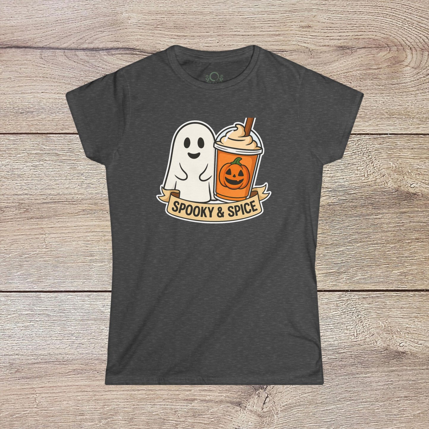 Spooky And Spice Ghost Graphic Tee in dark gray color, featuring a cute ghost and a pumpkin spice drink, perfect for Halloween and year-round wear.