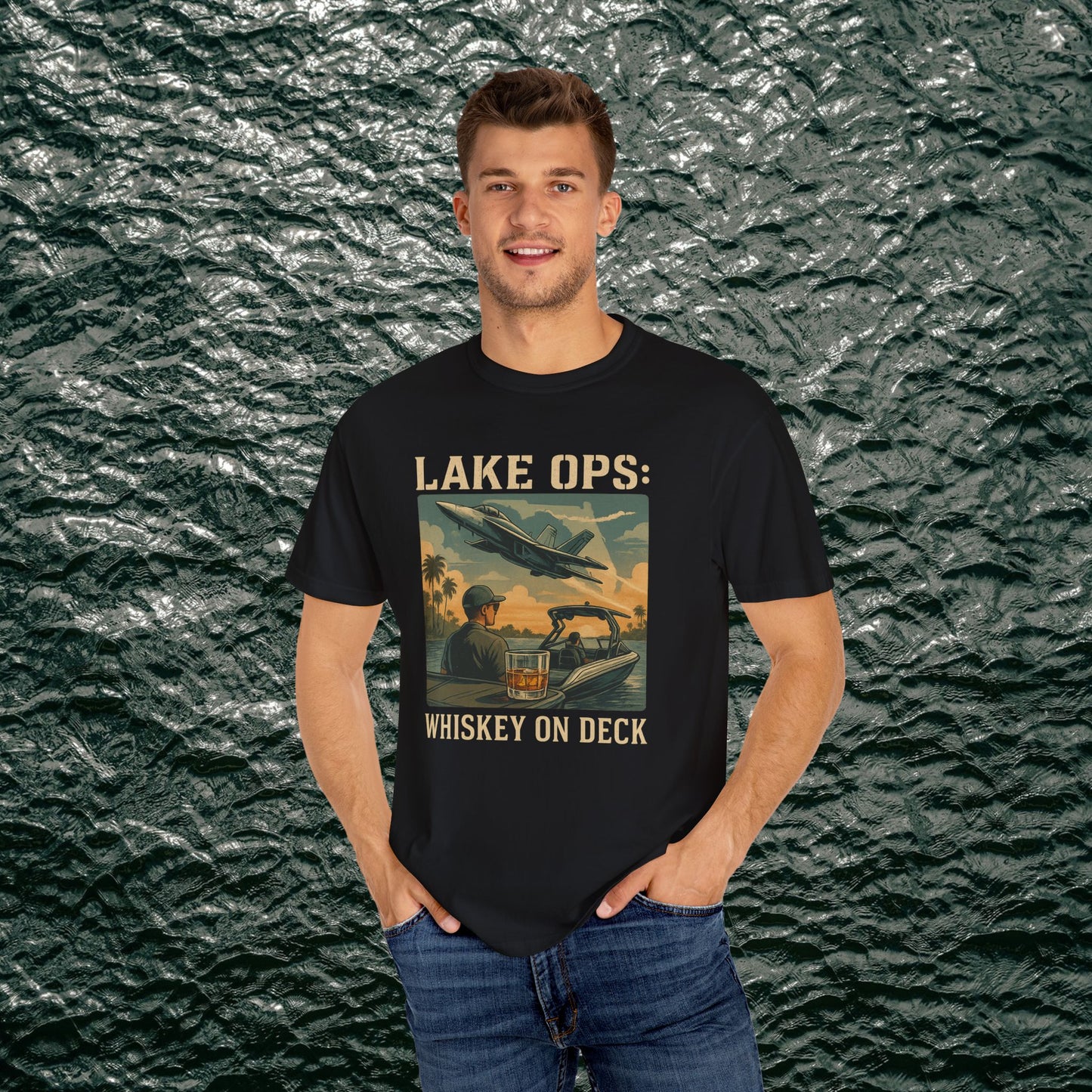 Garment-Dyed Comfort Tee for Adults with Lake Ops Whiskey on Deck design in black, designed from 100% ring-spun cotton. Available in sizes S-4XL, perfect for relaxed settings.