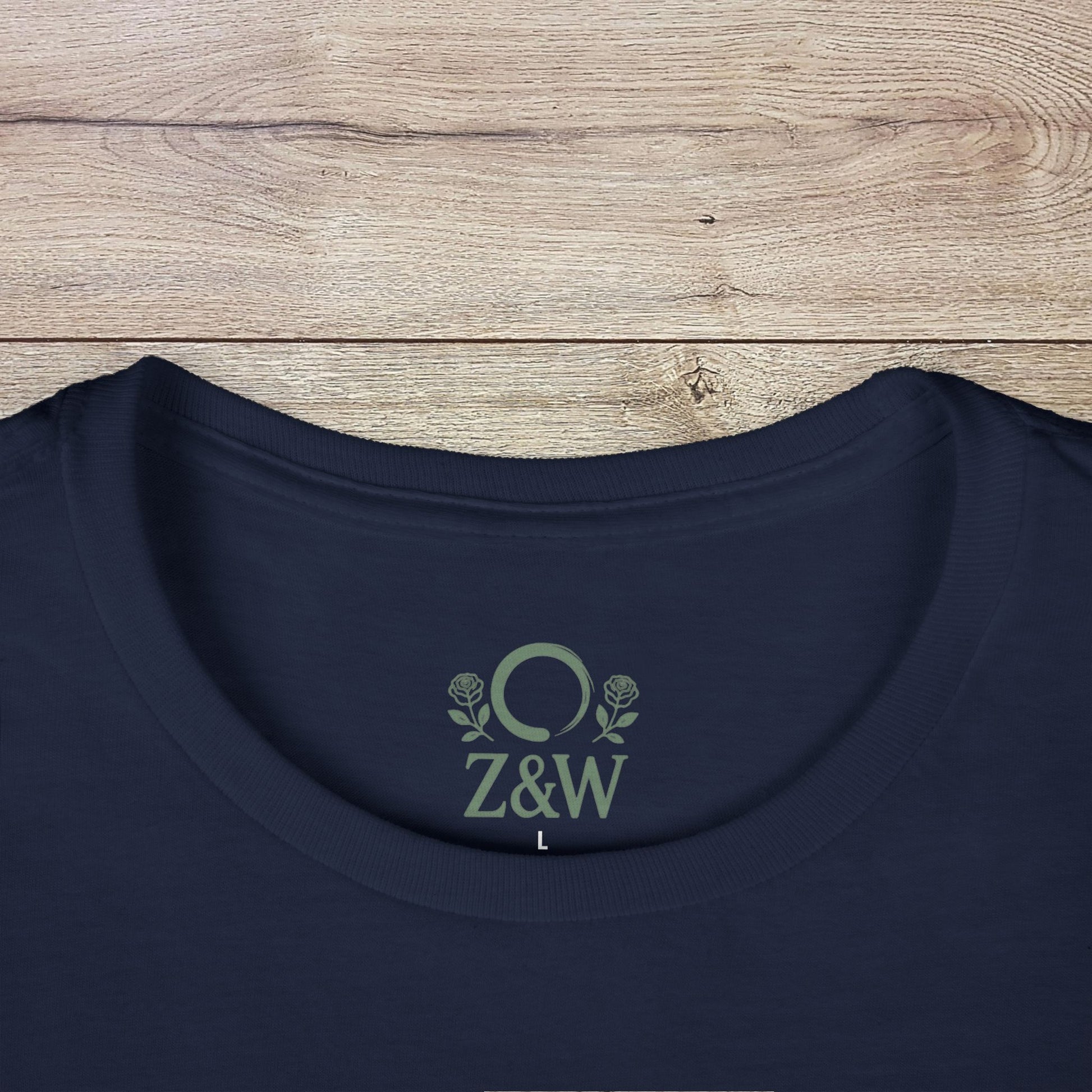 Santorini Tee - Close-up view of the neckline showcasing a Z&W logo on a navy background, underlining the t-shirt's comfort fit and eco-friendly materials.
