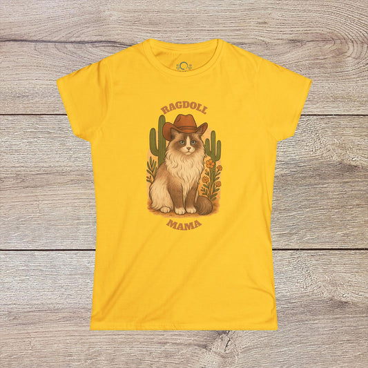 Ragdoll Mama T-Shirt in yellow showcasing a charming Ragdoll cat illustration with a cowboy hat, ideal gift for animal lovers.